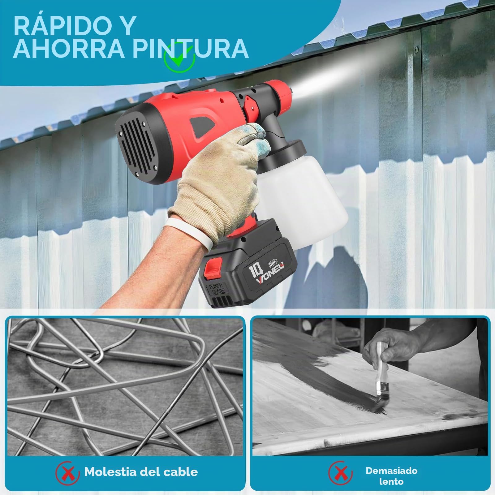 Sistema de pulverización de Pintura con 2 x 2600 mAh 21V Batería y Cargador, 850 W, 5 boquillas, 2 Recipiente de Pintura de 800 ml, 3 Patrones de pulverización, para Paredes, Techos, Vallas
