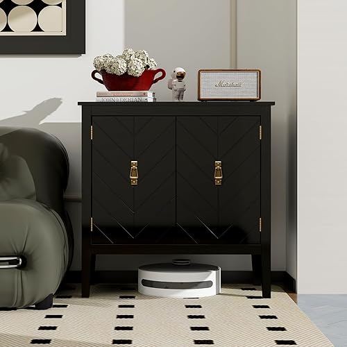 Miniatura 7 de Aparador de ratán de 2 puertas - Armario de buffet con almacenamiento, armario de almacenamiento de acento, creenza de madera bohemia para sala de