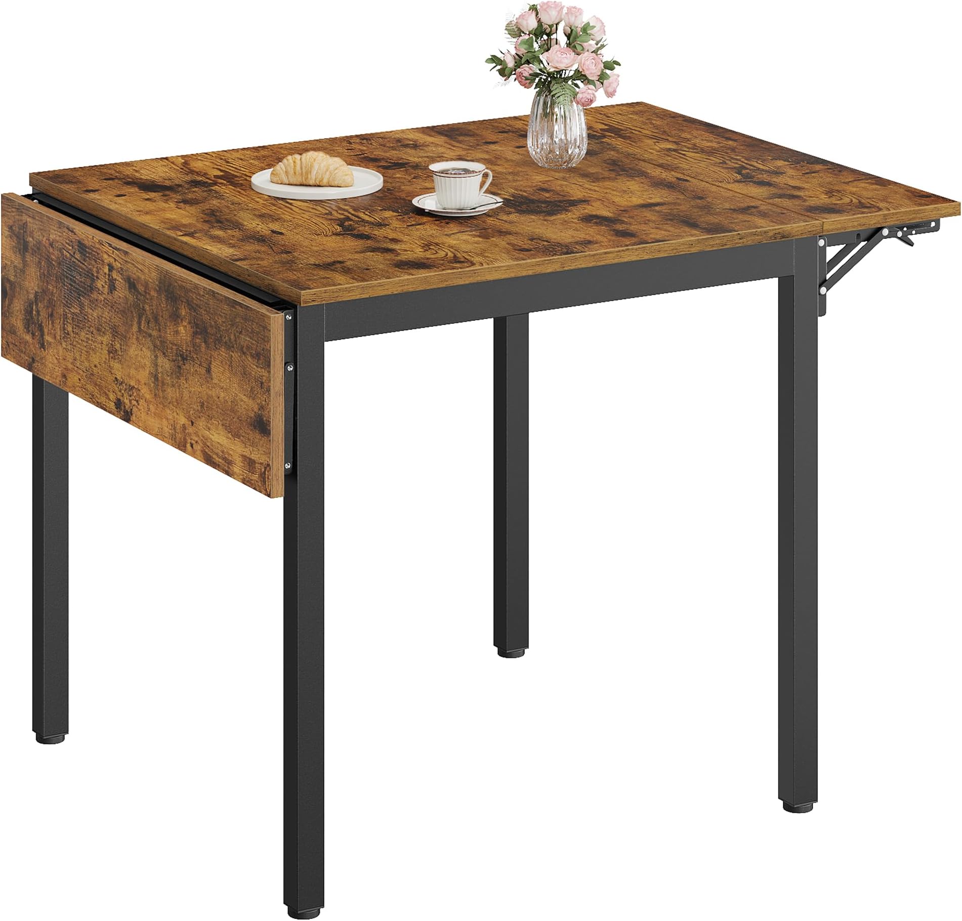 VASAGLE Folding Dining Table, Drop Leaf Extendable, for Small Spaces, Seats 2-4 People, Industrial, 78 x 120 x 76.2 cm, Rustic Brown and Ink Black KDT077B01