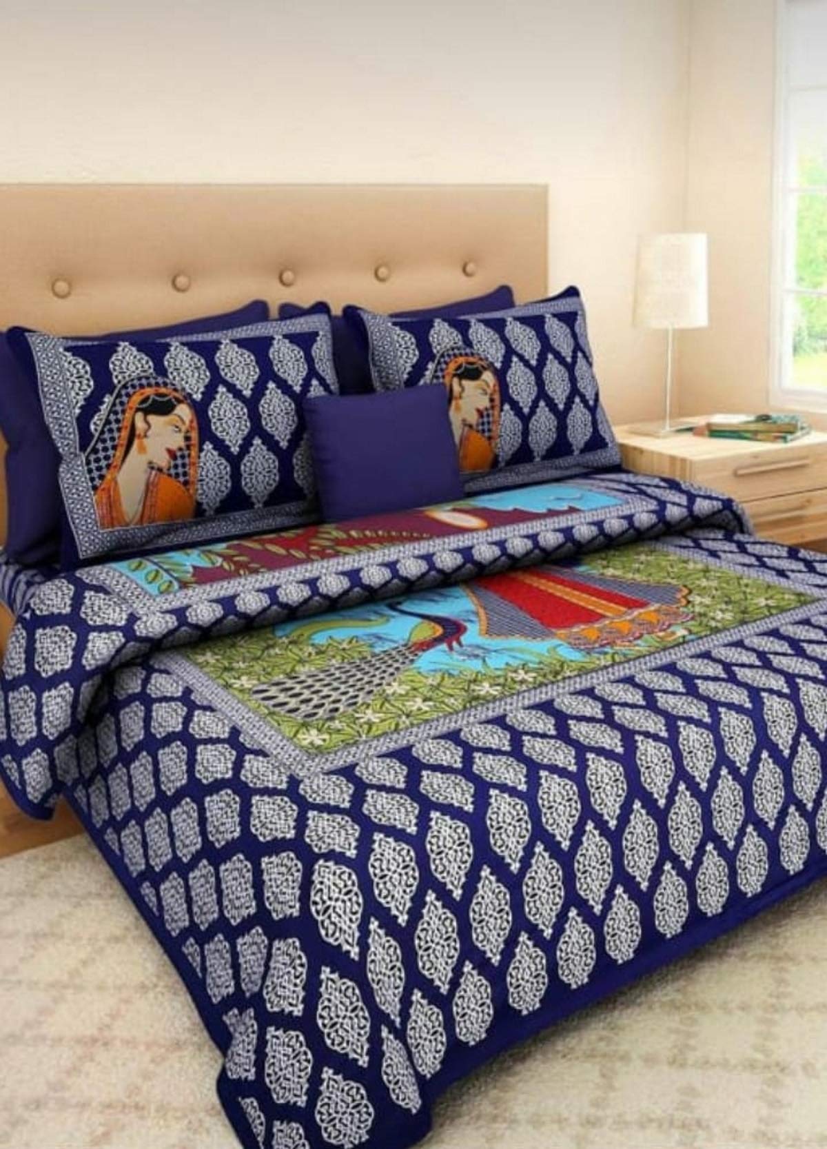 Printed Cotton Scenery Bedsheet, Sanganeri Jaipuri Bedcover Bedspread 84x90 Inches with 2 Pillowcovers