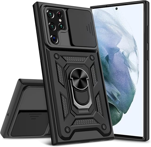 DONWELL for Samsung Galaxy S22 Ultra CaseArmor Shockproof Phone Case for Samsung Galaxy S22 Ultra Case Push Window Camera Protection Back Cover with Rotating Holder Kickstand