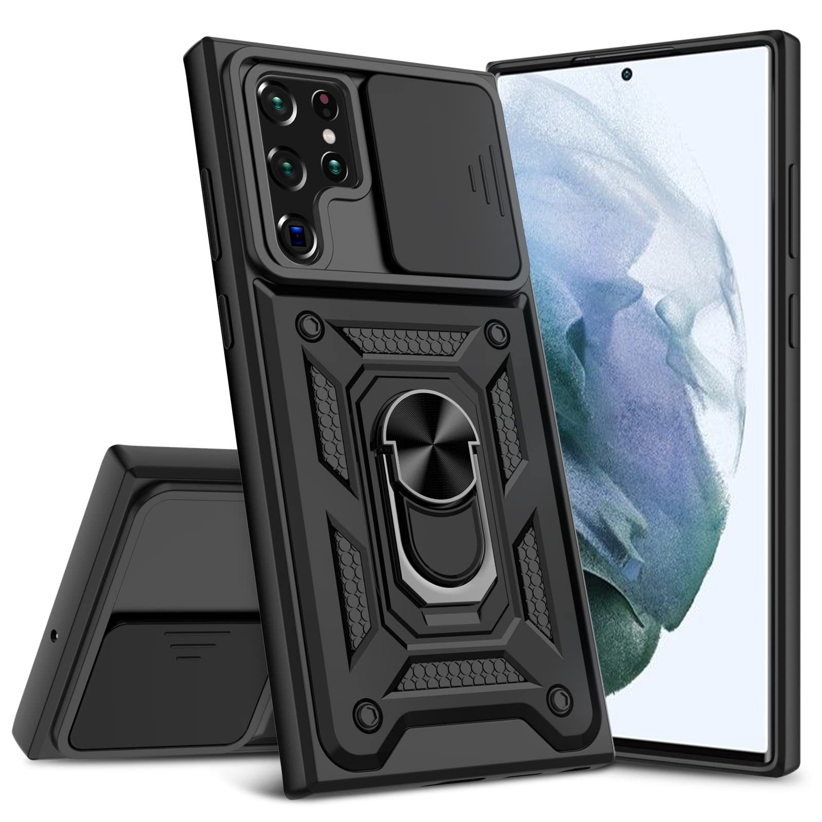 DONWELL for Galaxy S Ultra 22 Case with Magnetic Ring Kickstand & Camera Cover, Military Grade Shockproof Protective Case for Samsung Galaxy S Ultra Gifts for Men (Black, S22 Ultra 6.8inch)