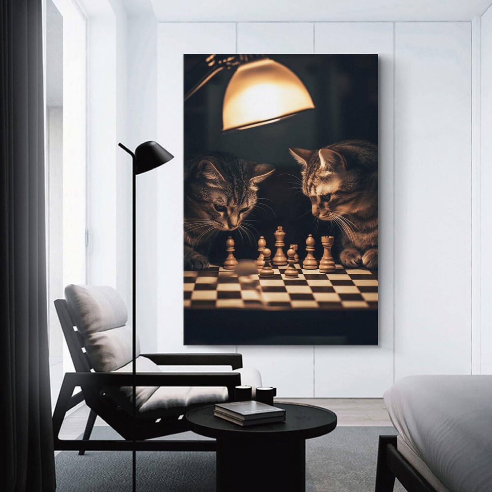 Junmoney Cats Playing Chess Wall Picture Print 24x36inch(60x90cm), for Lounge Decor, Offices Or Entryway Styling, Versatile Wall Decor for Many Rooms