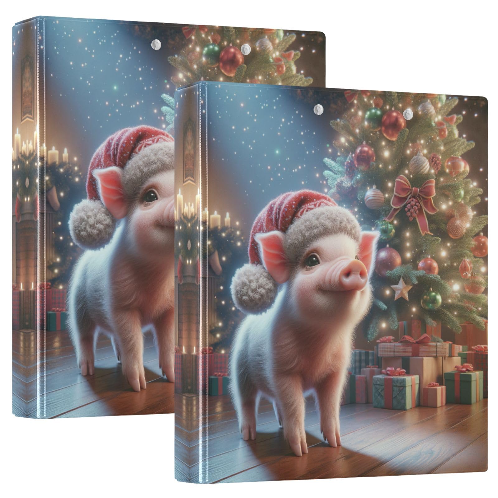 Cute Christmas Pig - Raccoglitore a 3 anelli, con clip in metallo antiscivolo, per scuola, ufficio, casa, confezione da 2