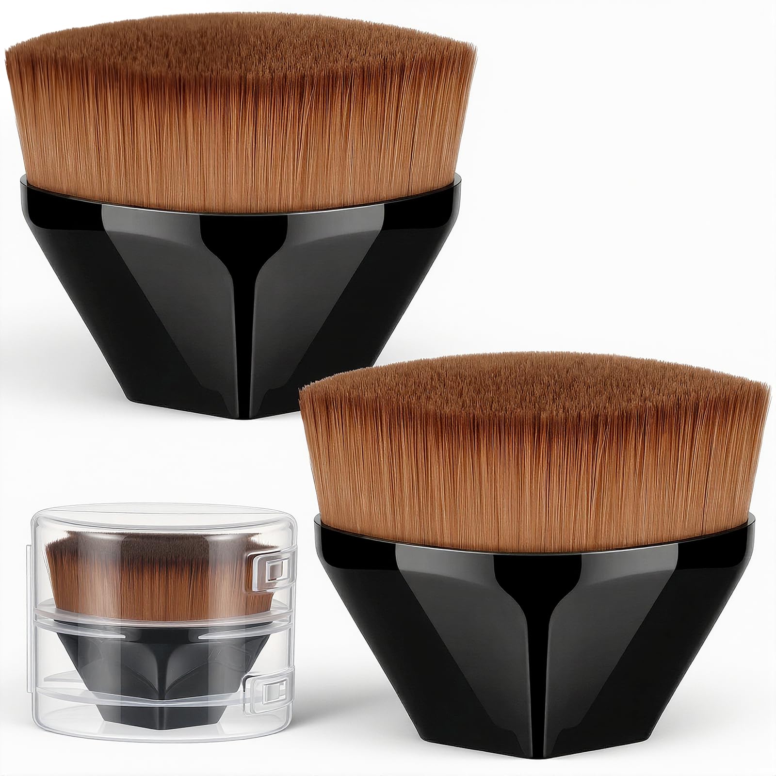 Foundation Brush for Liquid Makeup, 2 PCS Flat Top Face Make up Brushes Black Hexagon Liquid Foundation Blending Brush with Protective Case for Women Girls