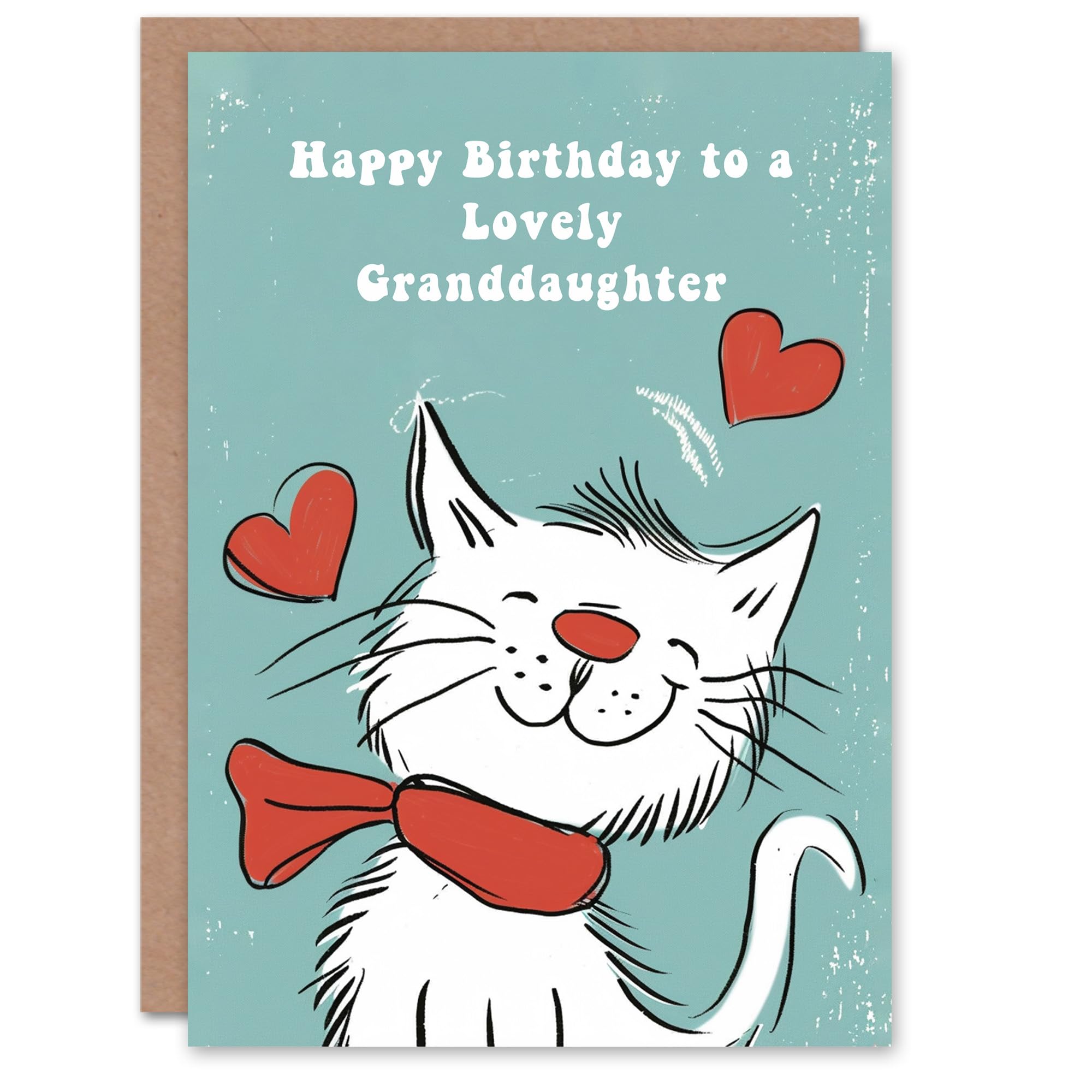 Artery8 Granddaughter Happy Birthday Card Happy White Cat In Scarf Drawing Love Hearts For Her Greeting Card