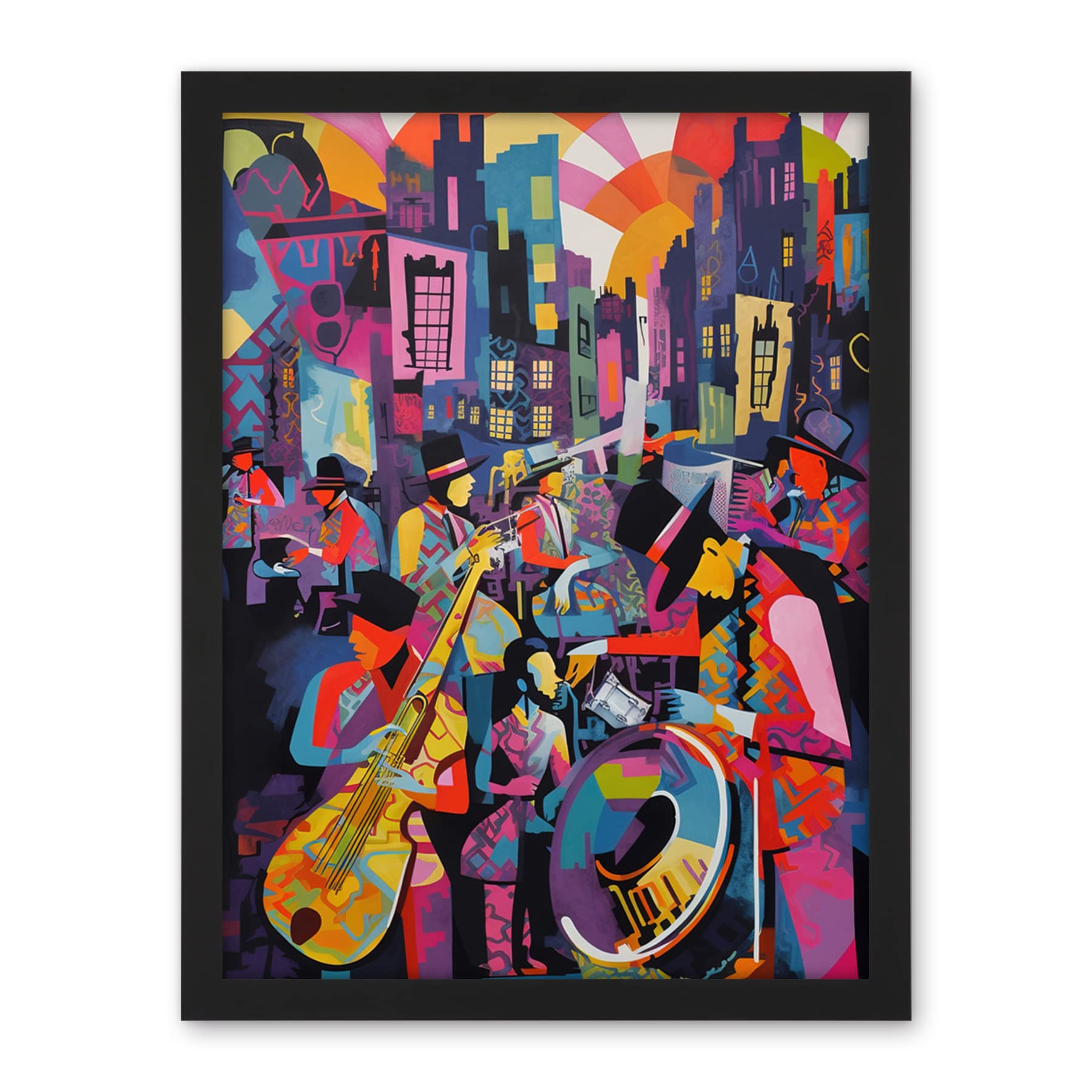 Artery8 New Orleans Jazz Festival Street Musicians Playing Music City at Sunset Abstract Modern Painting Artwork Framed Wall Art Print 18X24 Inch