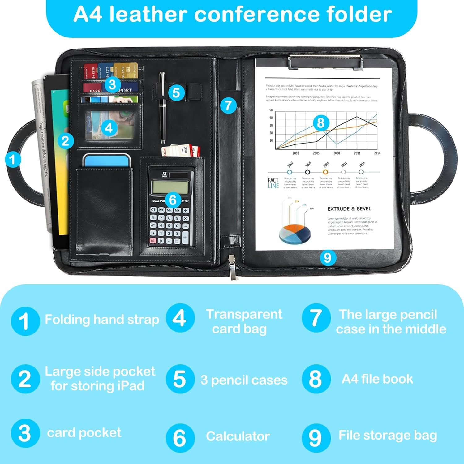 Cartella Portadocumenti A4 in Pelle con Calcolatrice e Cerniera, Portablocchi Organizer – Nero