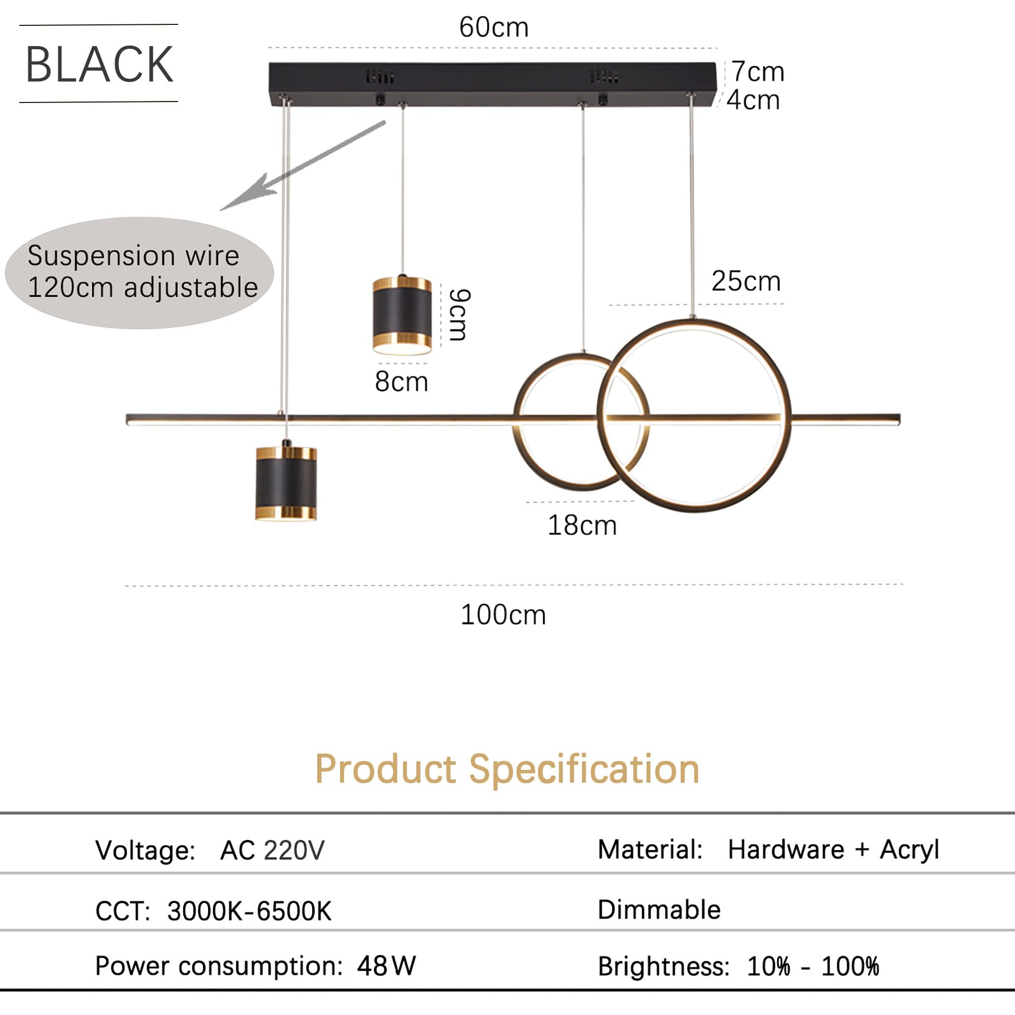 LED Pendelleuchte Esstisch, 49W Dimmbar Hängelampe mit Fernbedienung, Sternenhimmel Unabhängig Steuerbare Hängeleuchte, 120cm Höhenverstellbar Pendellampe, Für Esszimmer, Küche, Schwarz, 100cm