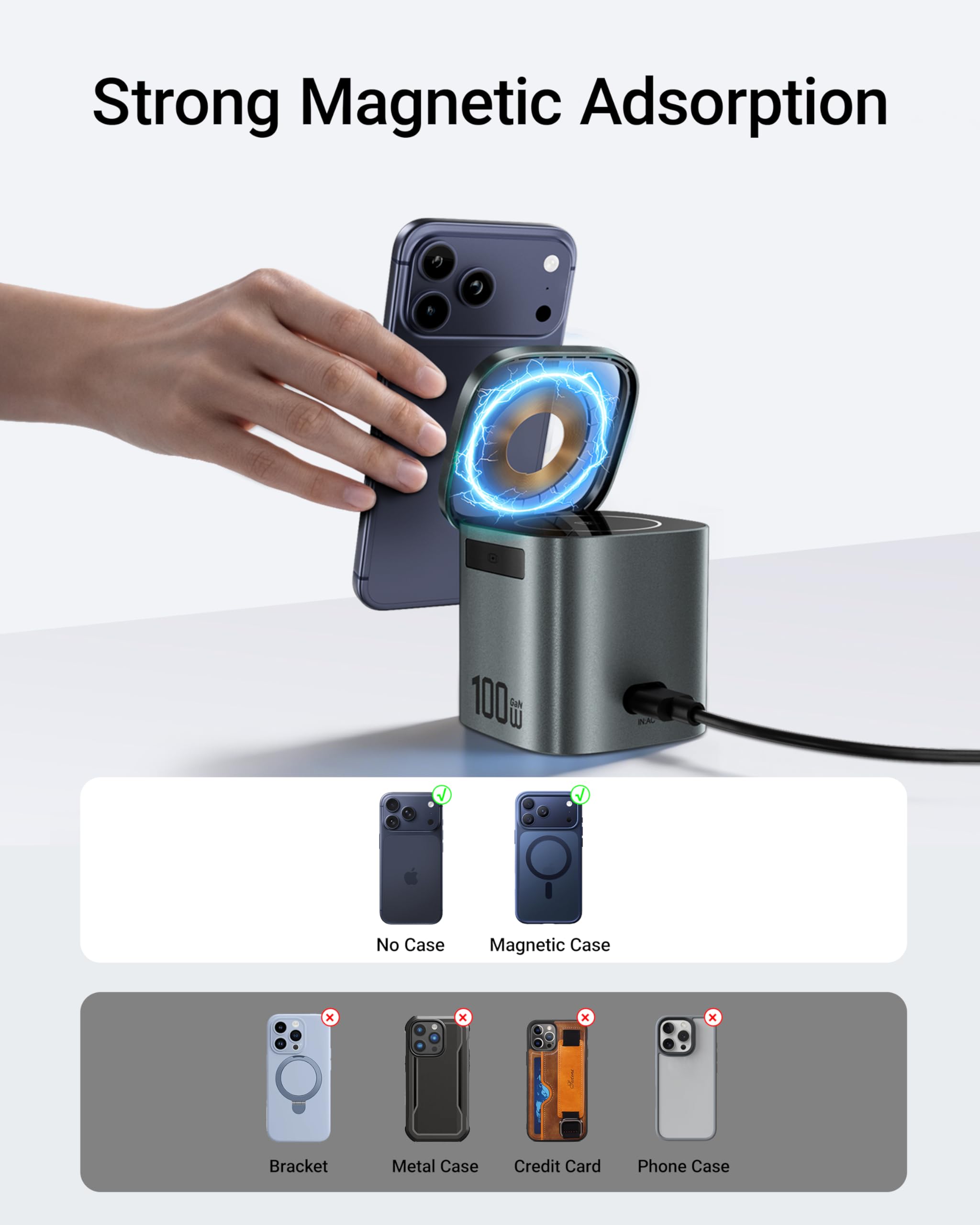 ACEFAST Stazione di ricarica rapida Qi2 6 in 1 da 25 W GaN wireless per iPhone 17 serie 16, con cavo retrattile USB C da 100 W, supporto magnetico per caricabatterie wireless per iWatch, per Samsung