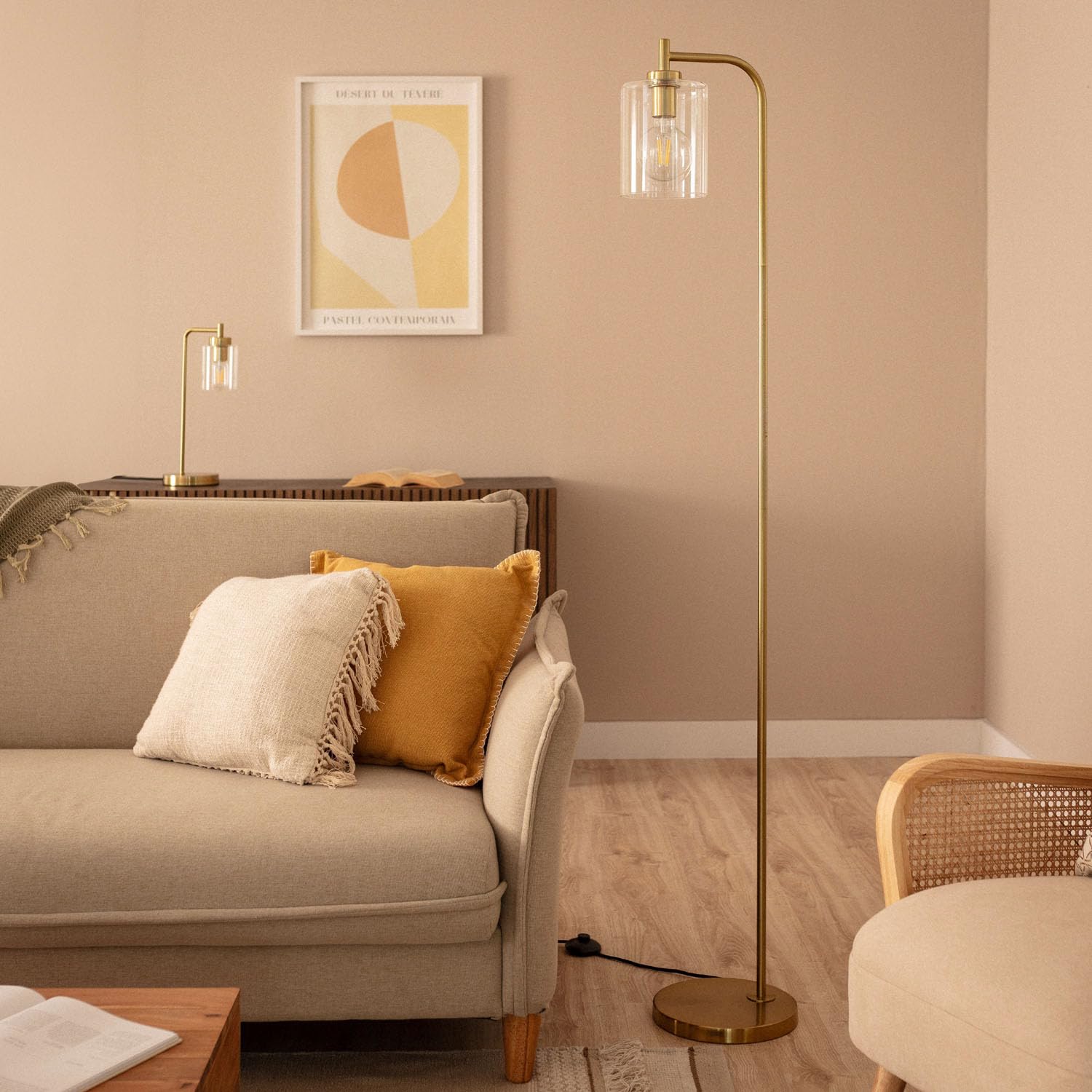 LEDKIA LIGHTING - Lámpara de Pie Joile | Diseño Elegante y Versátil | Metal y Cristal | Para Salón, Dormitorio, Oficina | Compatible con Bombilla E27 No Incluida, Dorado, Cristal