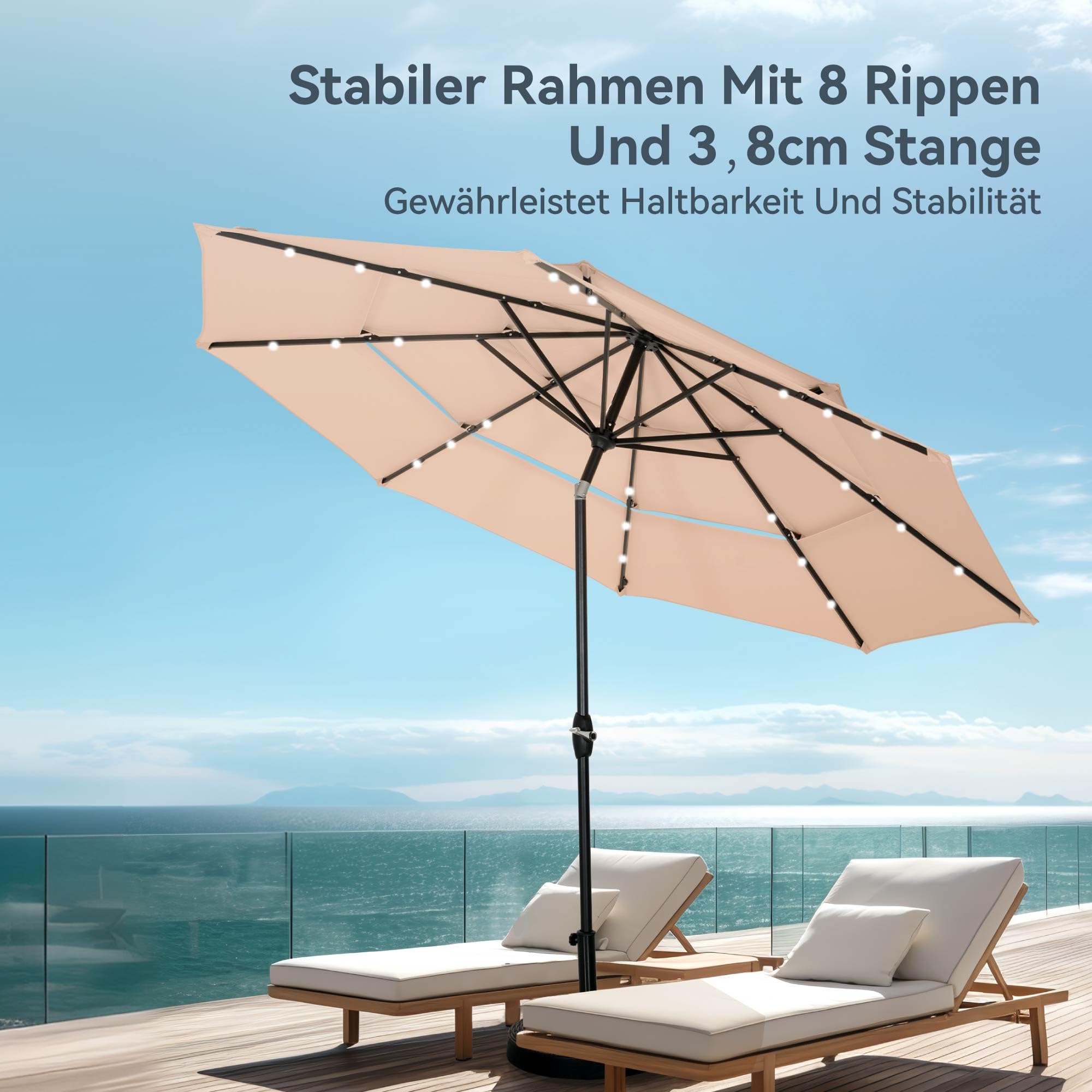 PHI VILLA Sonnenschirm Balkon Groß 300cm Balkonschirm Garten Terrasse Gartenschirm mit Kurbel UV Schutz Parasol Windfest