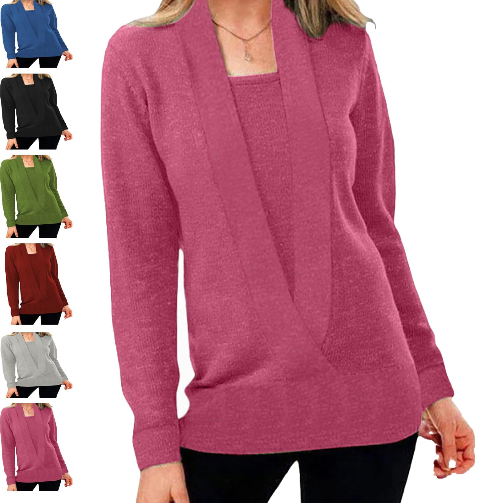 Womens Solid Color Pullover Cropped Knitted Jumpers Cozy Deep V-Neck Long-Sleeved Sweater Fake Two-Piece Knit Pullover