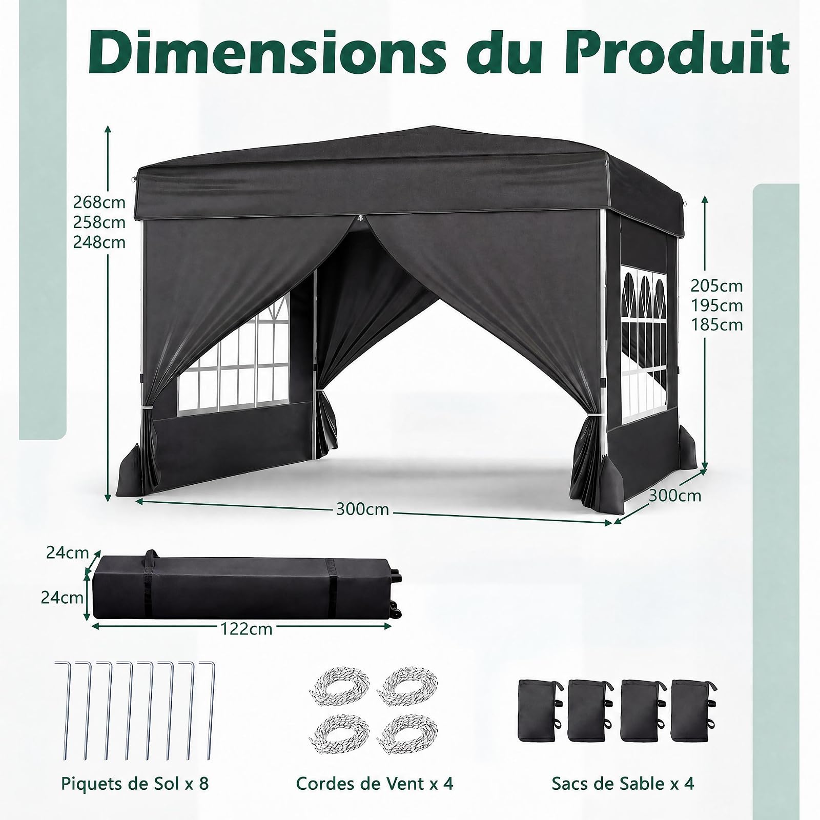 RELAX4LIFE Tonnelle Pliante 3x3 avec Parois, Barnum Pliant 3x3 pour Jardin/Marché/Camping, Cadre en Acier au Carbone, Tissu Oxford Argenté, Gazebo Tente de Réception avec Sac à roulettes (Noir)