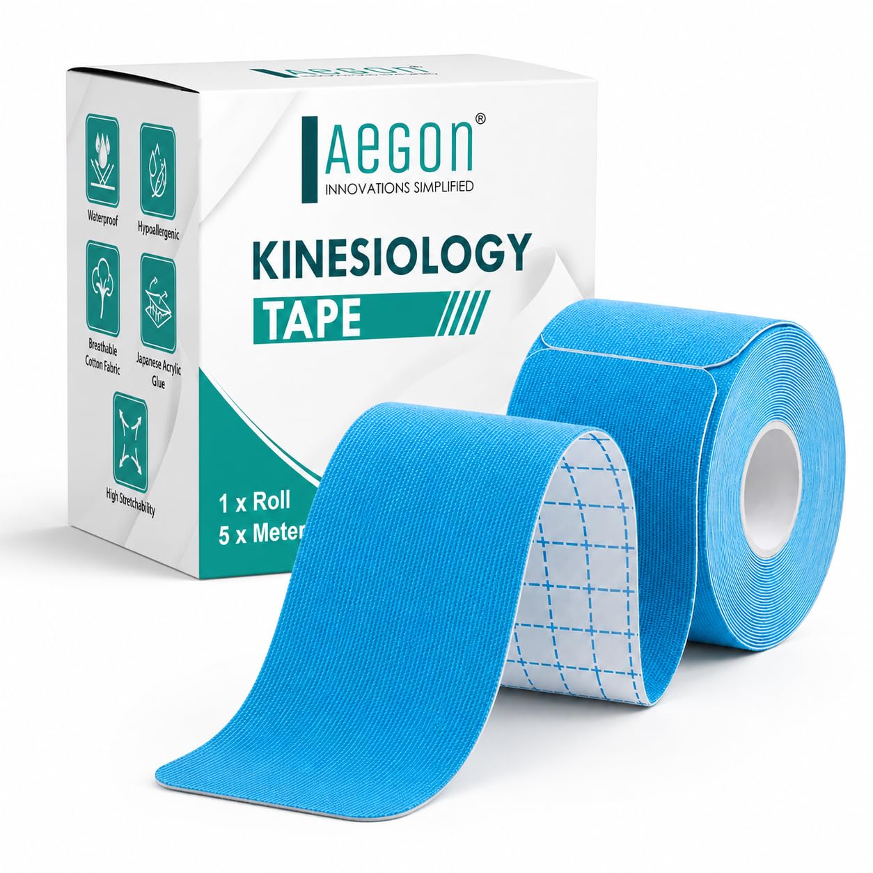 Aegon Pre-Cut Waterproof Kinesiology Tape 5 Metres Latex Free Breathable Athletic Sports Tape For Injury, Muscle Support, Pain Relief, Joint Support And Physiotherapy (Blue, Precut 5cm)-image-30