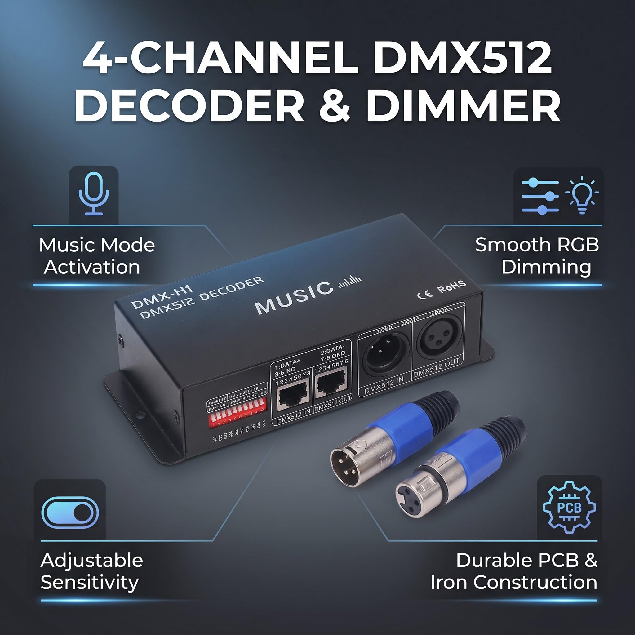 DMX 512 LED-Decoder-Controller, 4-Kanal-Treiber RGBW LED-Streifenlicht DC12V-24V mit Englischem Benutzerhandbuch Zum Einstellen der Lichtfarbe(8A pro Kanal)