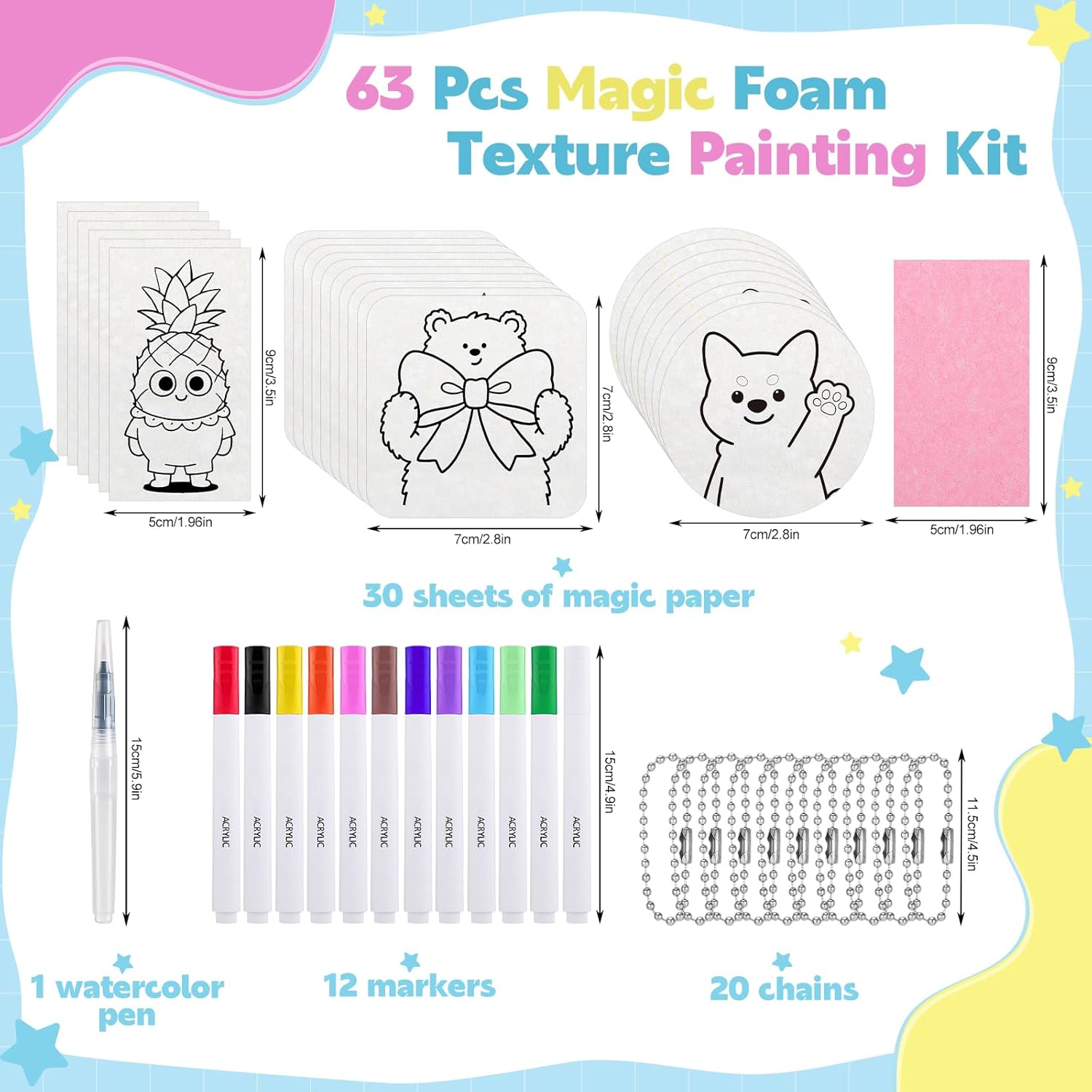 Prudiut Magic Foam Texture Painting Kit with 63 Pcs: 3D Puffy Paint Art Supplies for DIY Crafts, Creative Gifts (30 Foam Textured Paper, 12 Color Markers, 1Waterpen, 20 Chains)