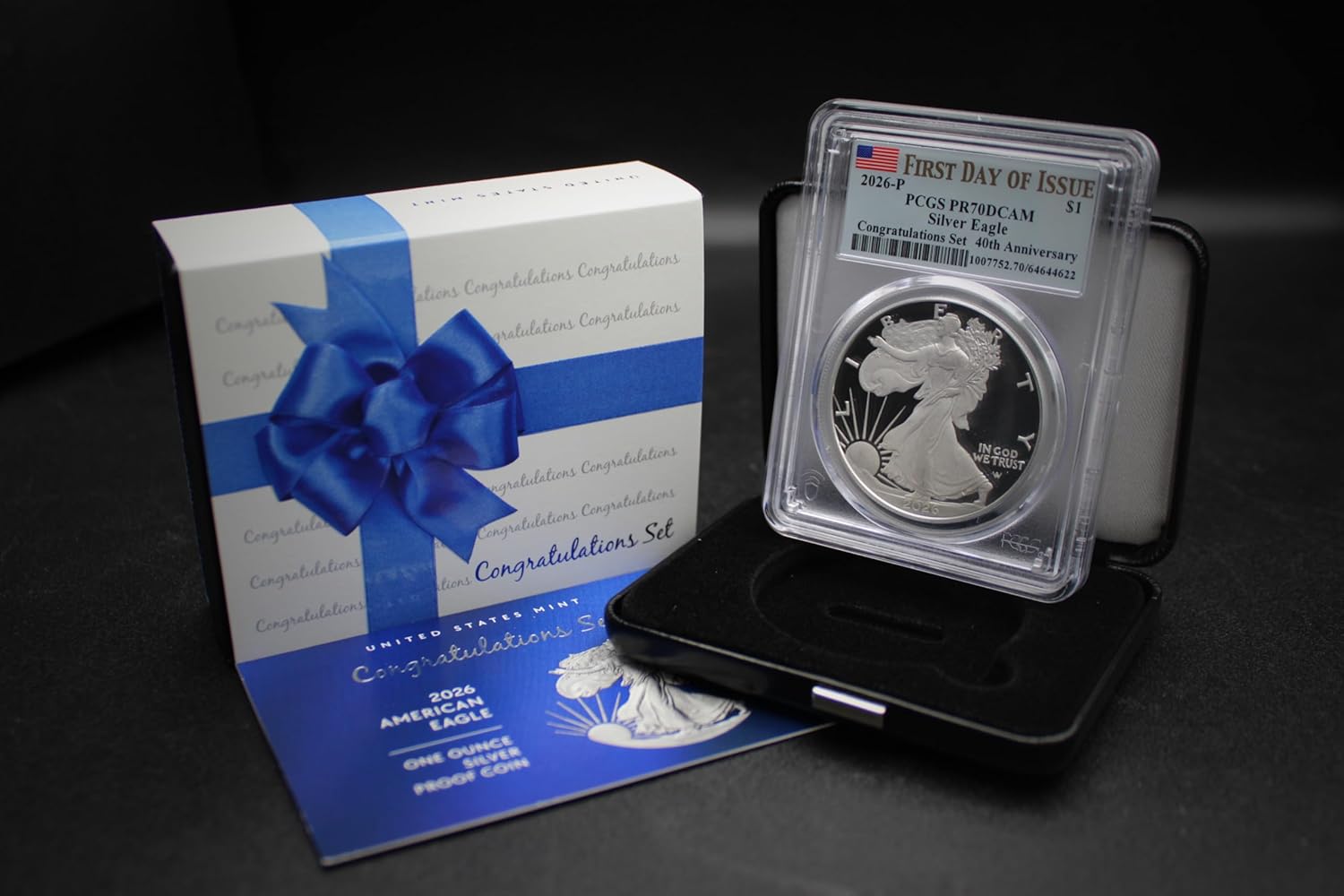 2026 P 1 oz American Silver Eagle Proof Coin PR-70 Deep Cameo (First Day of Issue – Congratulations Set – 40th Anniversary – Flag Label) with Official Government Packaging $1 PCGS PR70DCAM