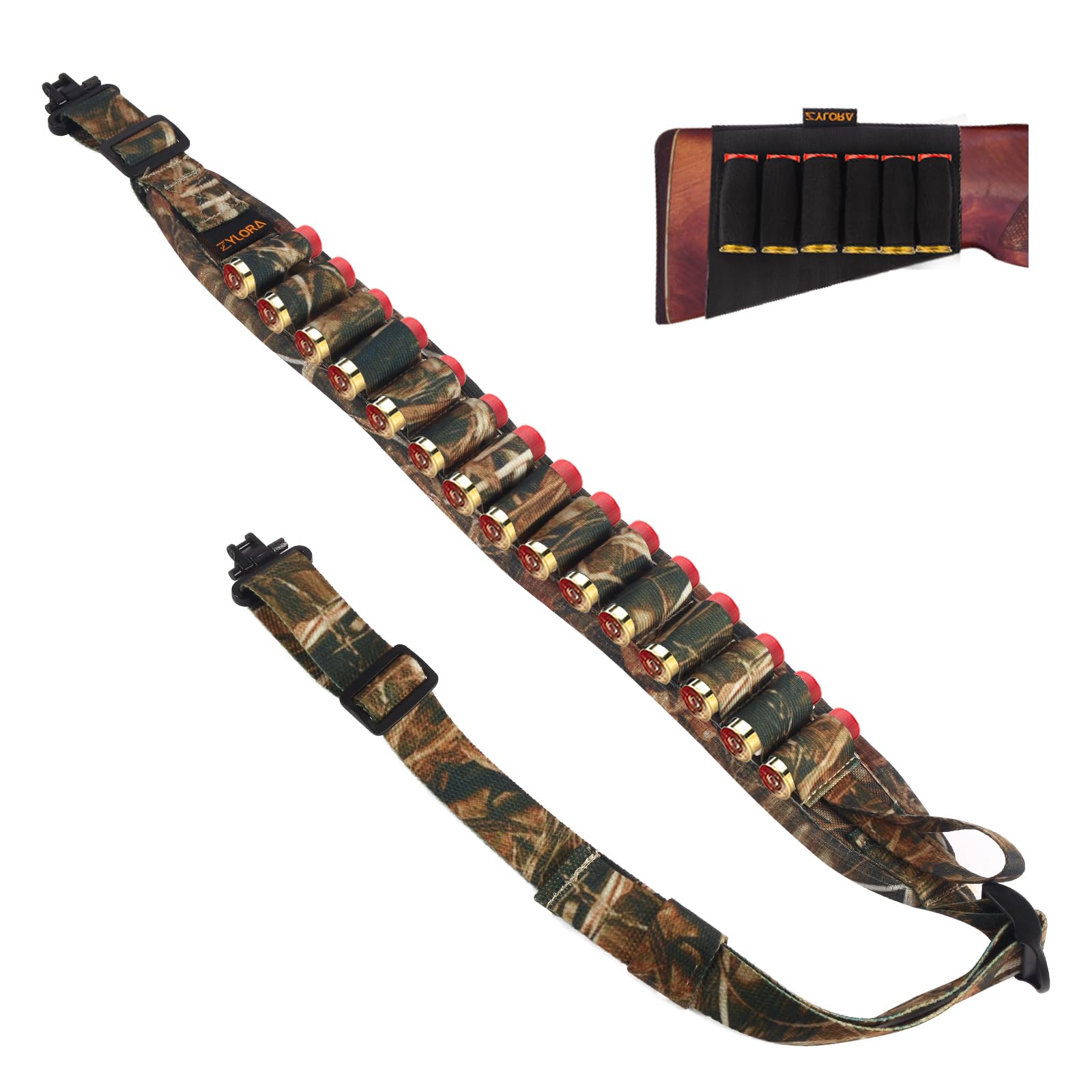 ZYLORA Shotgun Sling with Shell Holder for 12ga-20ga Shotguns, Gun Sling for Shotgun with 15 Ammo Holders, Adjustable Sling with Swivels and Buttstock Shell Holder, Shotgun Accessory (Camo, Regular)