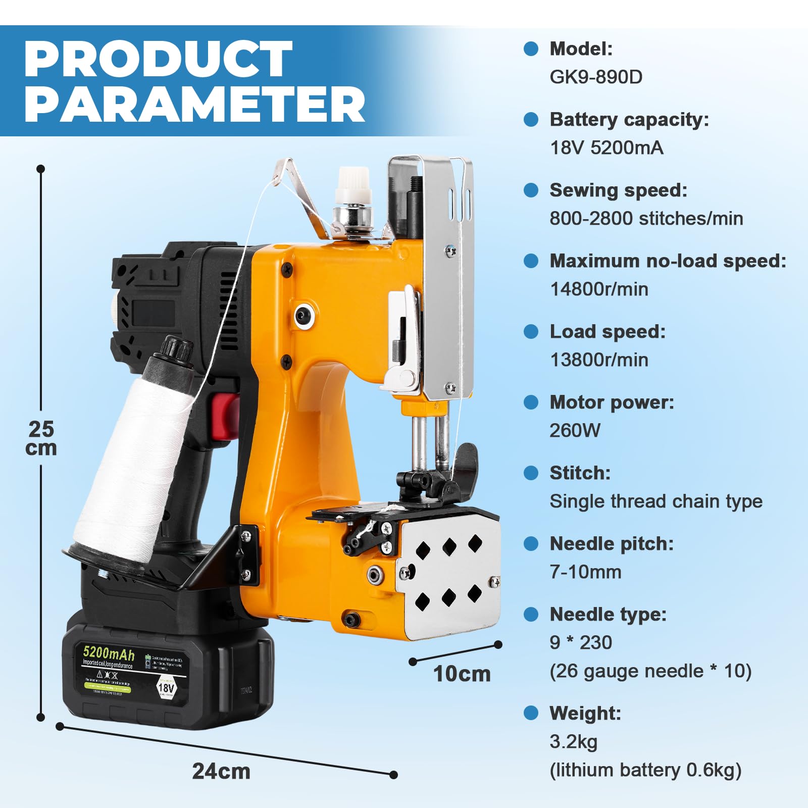 MXBAOHENG Cucitrice per sacchetti a velocità regolabile con 2 batterie 18 V 5200mAh Macchina per Cucire per Sacchetti di Borsa a batteria per Sacchi di Juta/Riso/Mangimi/Tela/Carta Kraft/Intrecciato