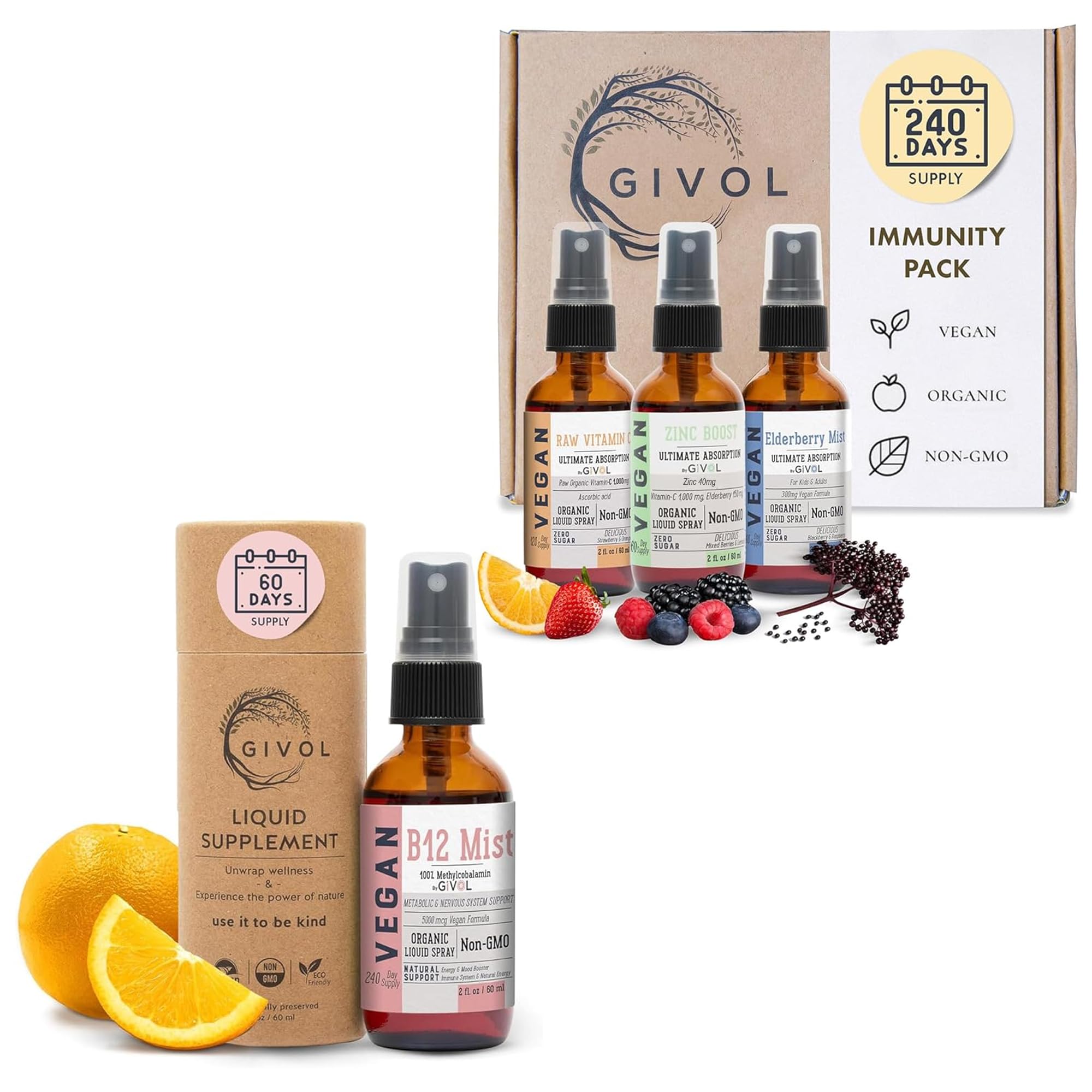 Immunity Pack Liquid Vitamins (Pack of 3) Sambucus Nigra Elderberry Mist, Zinc Boost Mist and Vitamin C Mist (Extra Strength) and Organic Vegan Vitamin B12 Supplement Liquid Mist