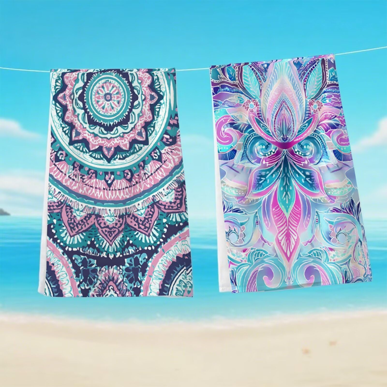Duży ręcznik plażowy 90 x 200 cm, ręcznik plażowy z mikrofibry, 2 zestawy ręczników gimnastycznych z gumkami, kompaktowa mata plażowa, lekka, odporna na piasek, szybkoschnąca, na plażę, do podróży (G1
