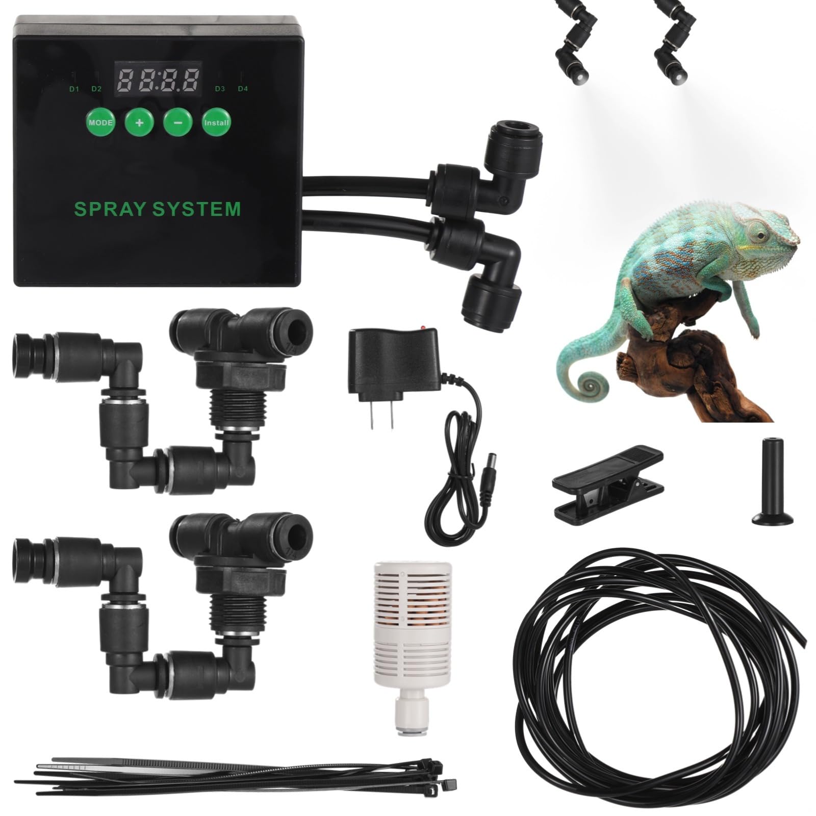 Humidificador programable para reptiles con boquillas dobles, tubo largo y panel de control, atomizador de nebulización interior para serpientes, lagartos, plantas tropicales