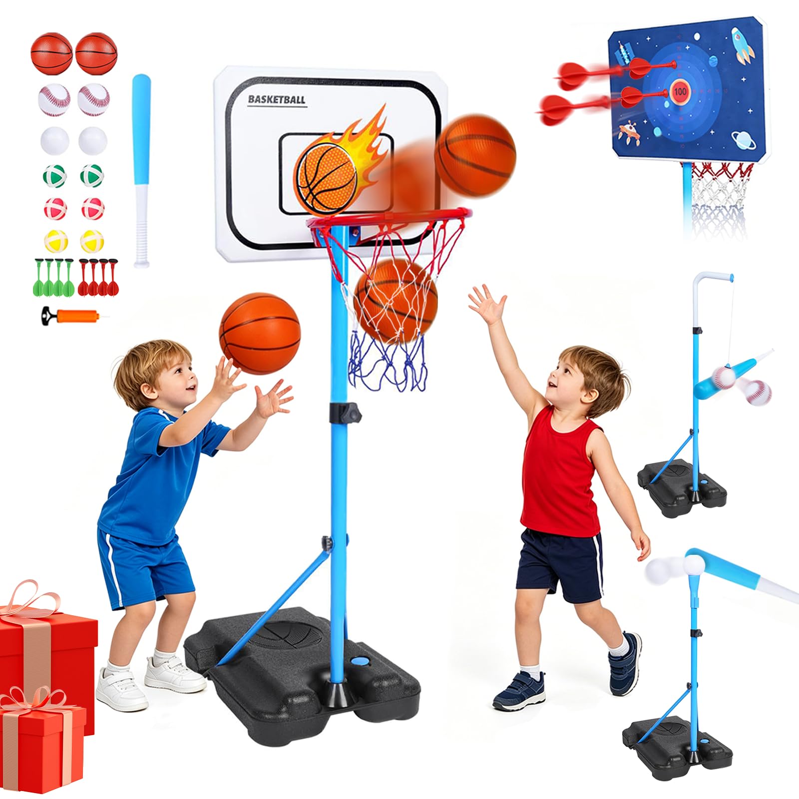 Panier de Basket Enfant 4 en 1 Basket et Fléchettes et Suspendu Baseball Enfant Hauteur Réglable 108-160 cm Panier de Basket Extérieur et Intérieur pour Enfants de 3 à 8 Ans
