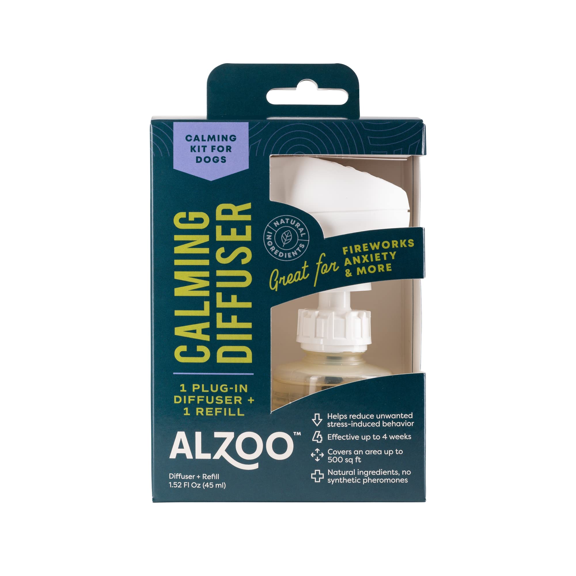 ALZOOCalming Diffuser Kit for Dogs, Includes 1 Plug-in Diffuser & 1 Refill, Helps Reduce Unwanted Stress-Induced Behavior, 100% Plant-Based Active Ingredients, Covers Up to 500 Sq. Ft, 1.52 Fl. Oz.