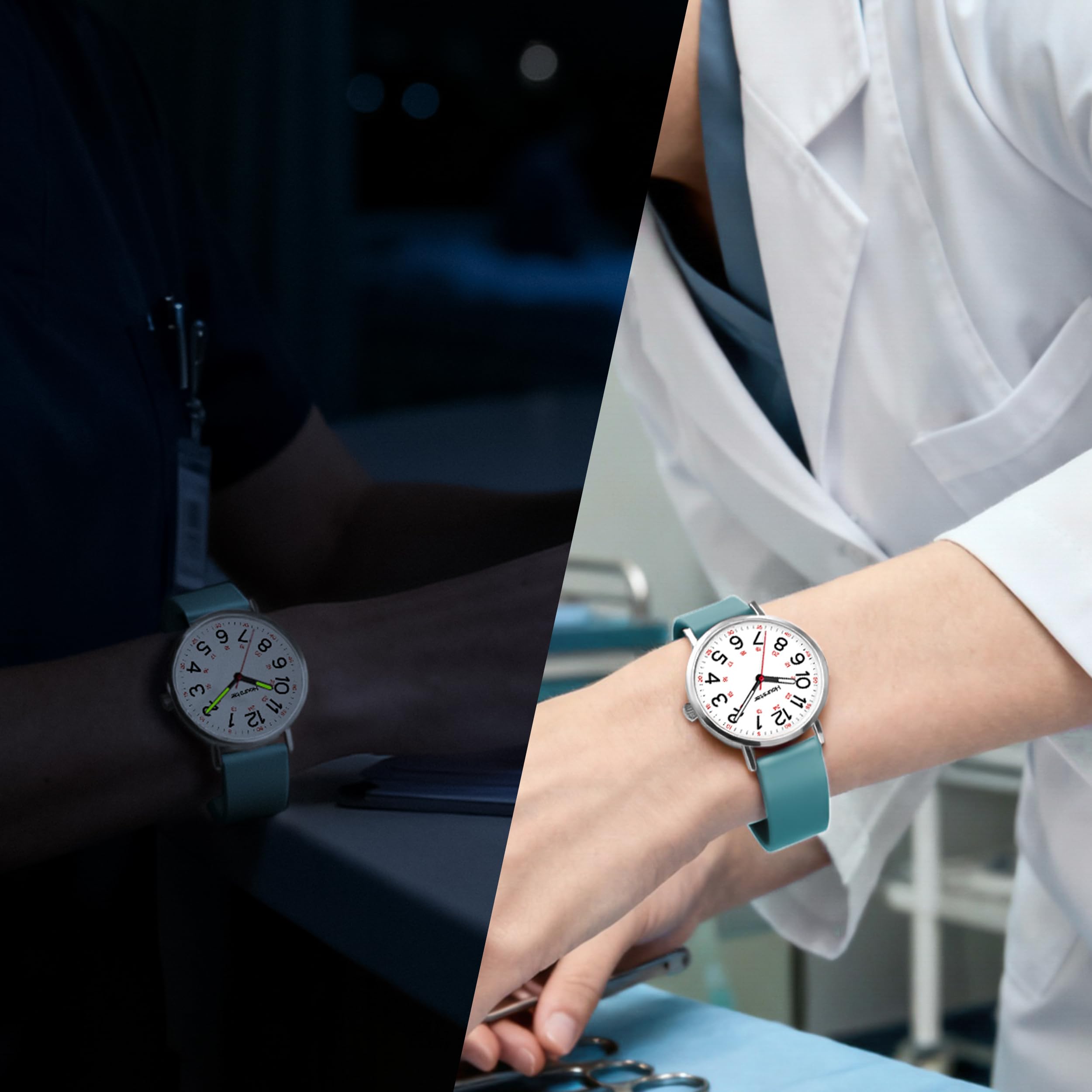 Reloj analógico de enfermera para mujer con segunda mano para enfermería, 12/24 horas, correa de silicona, fácil lectura (cian)