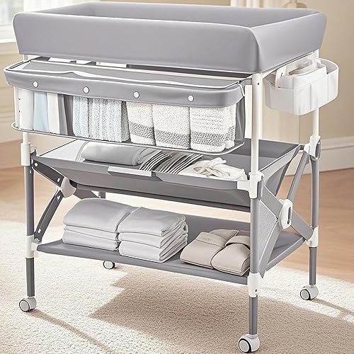 Cambiador portátil para bebé, mesa de cambio de pañales plegable con ruedas, altura ajustable, cubo de limpieza, cambiador para bebé, organizador de