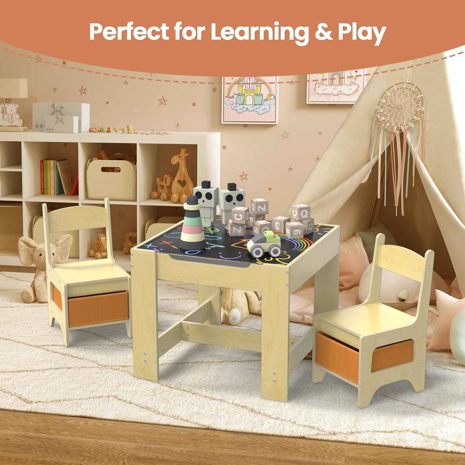 Toddler Table and Chair Set, 3 in 1 Wooden Kids Table and Chairs Activity Table with Detachable Graffiti Desktop & Storage Drawers for Ages 2-8