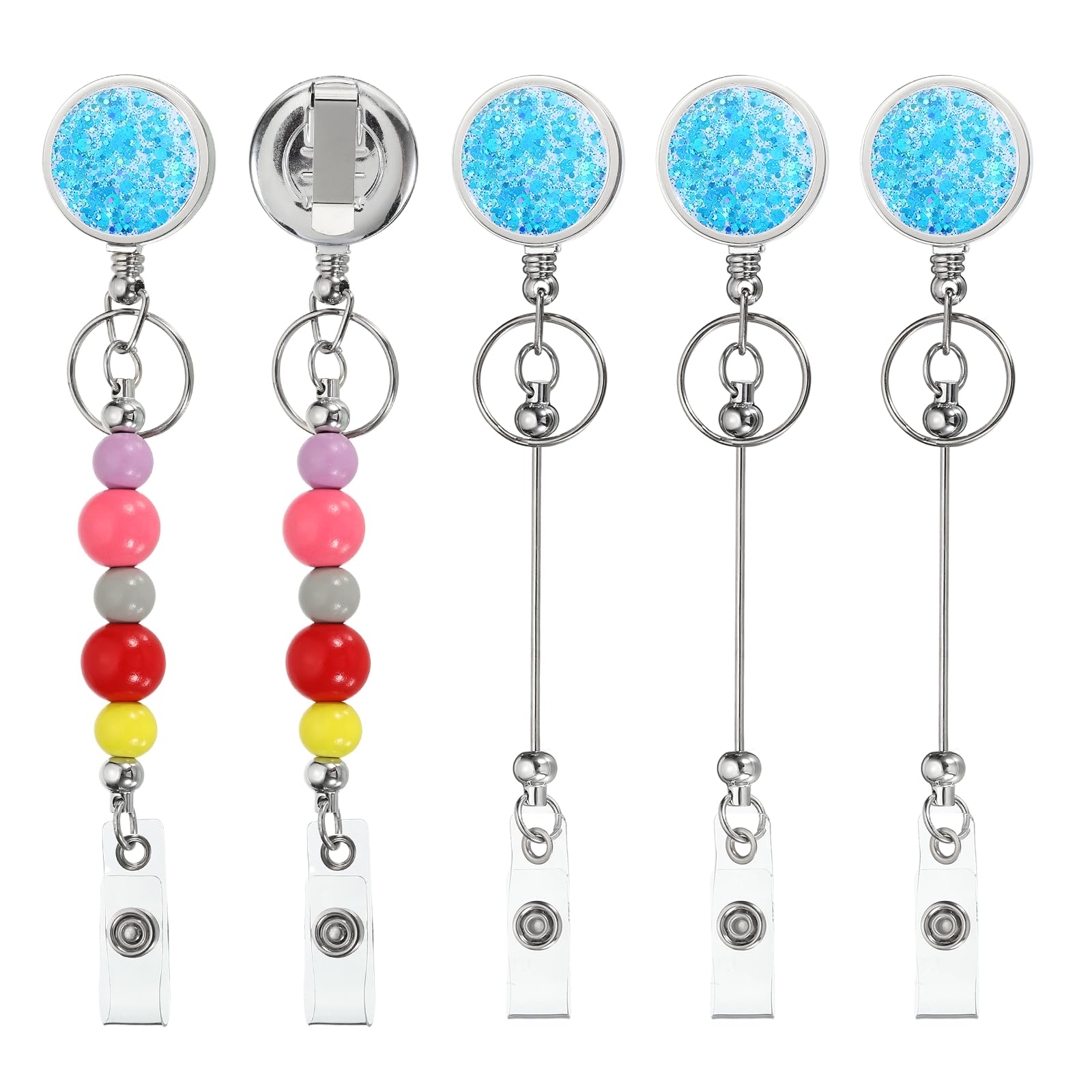 PATIKIL Beadable Badge Reels, 5 Pcs Bead Retractable Badge Holder, Retractable Bead Reel Keychain Blank Bar with Belt Clip for ID Name Key Teachers Office Workers DIY Gift, Sky Blue