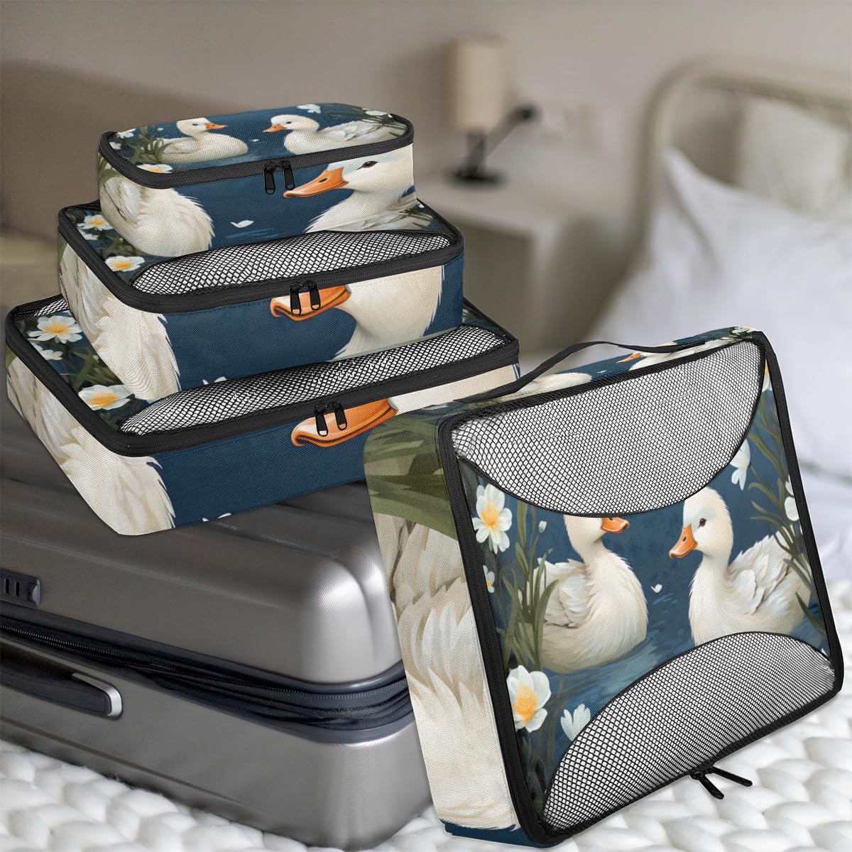 Flowers Duck Pattern 4 Set Packing Cubes Packing Cubes for Women Lightweight Travel Essential Bag Clothes Carry on Suitcase Bags for Accessories Essentials