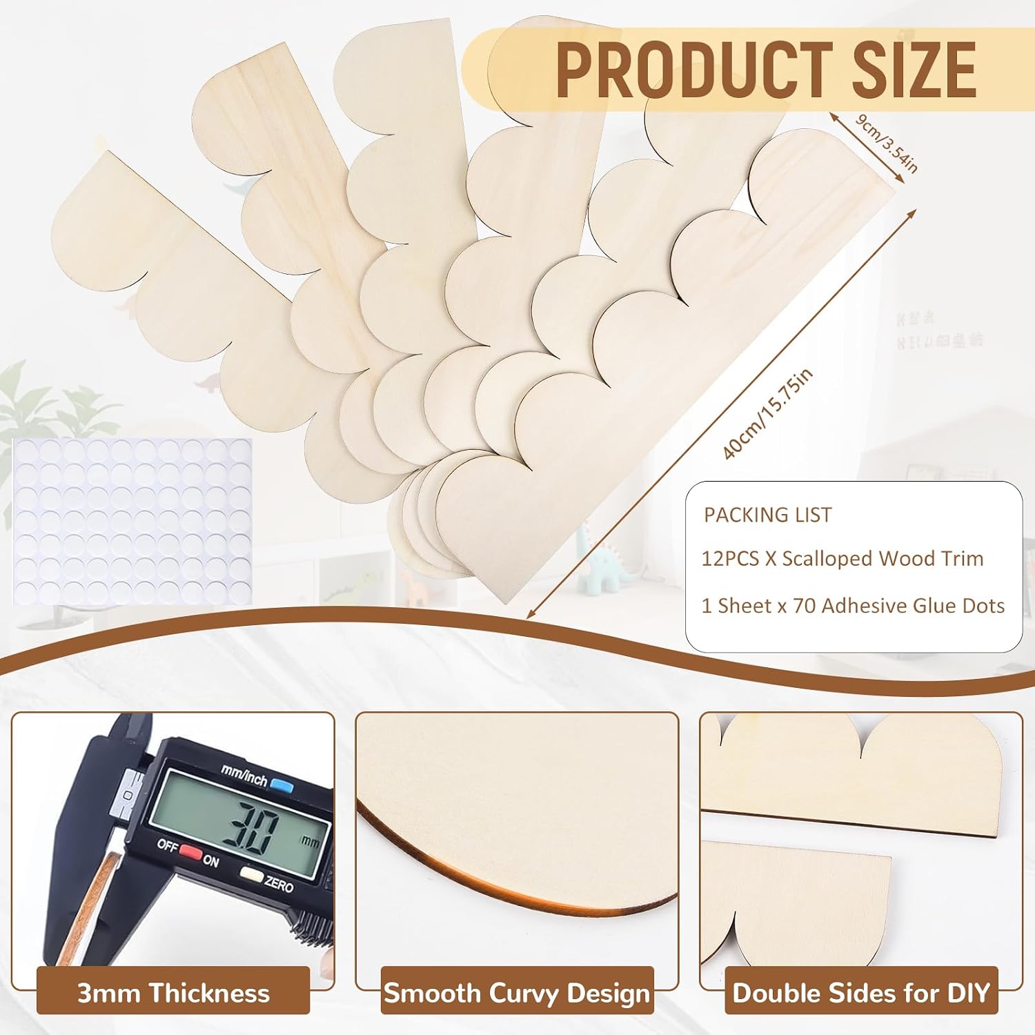 12 Pack Unfinished Scalloped Decorative Wood Trim 15.75 x 3.54 Inch Scalloped Edge Wood Molding with Adhesive Glue Dots Wooden Moulding Trims for DIY Crafts Cabinet Shelf Wall Window Door