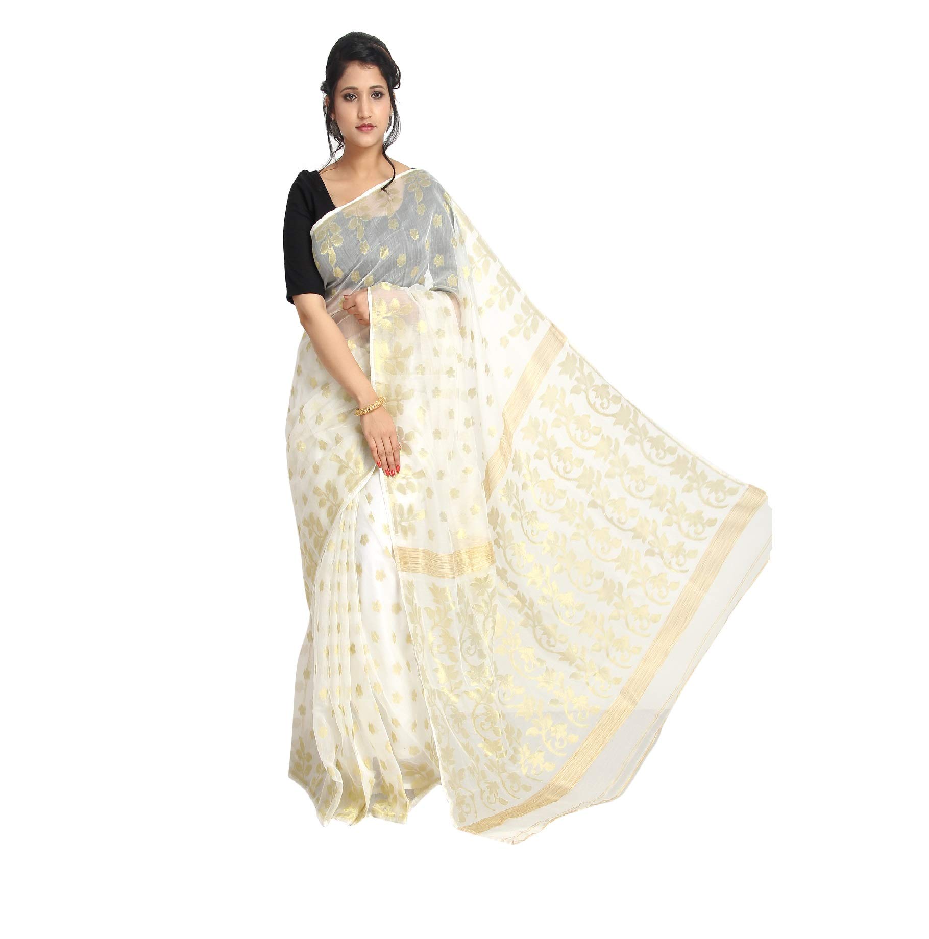ETHNIC EMPORIUMSindoor Khela Off White Behula Dhakai jamdani Saree Soft Finish Women Formal Sari from West Bengal hand Weaving 603, As Shown, 5.5 mtrs without blouse piece