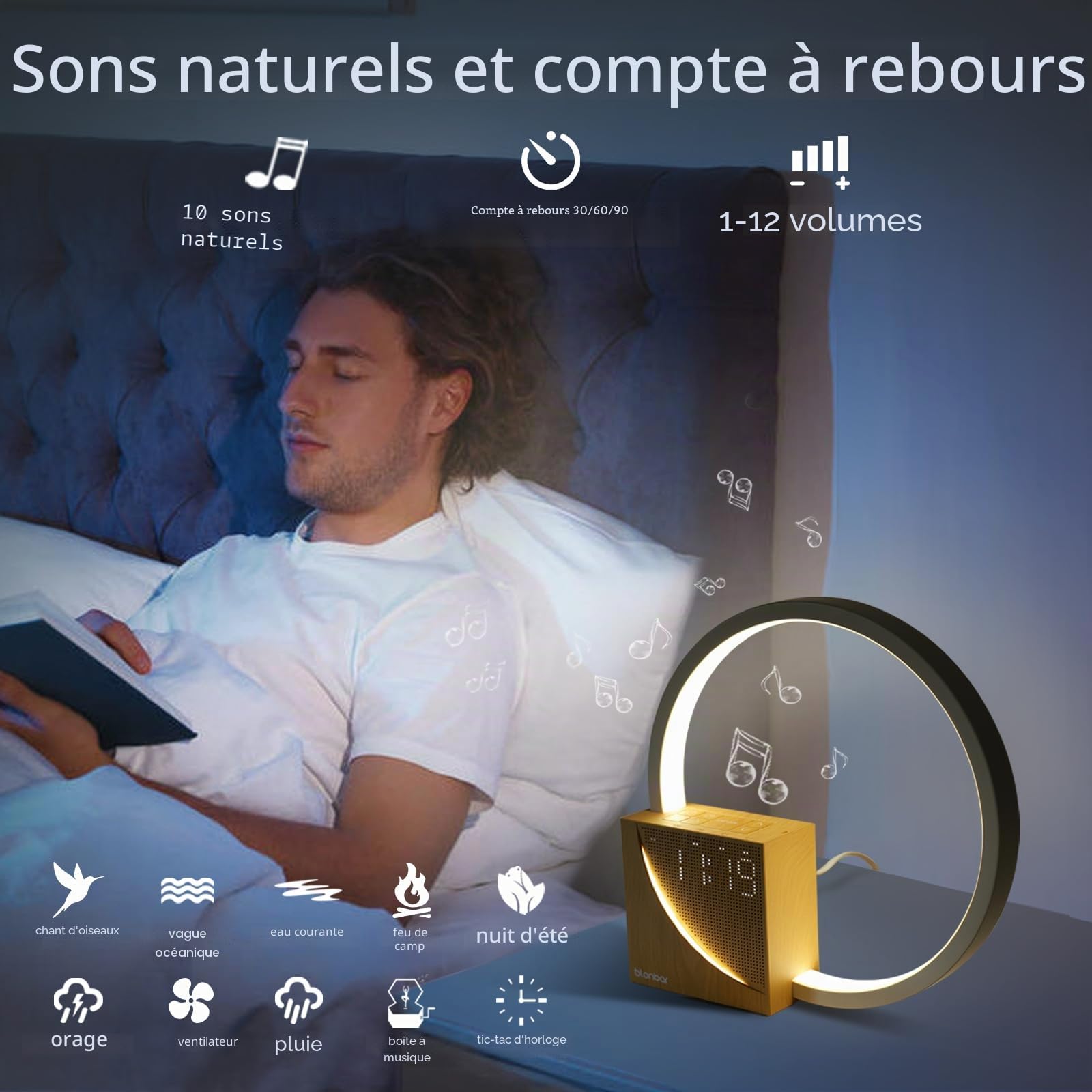 blonbar Lampe de chevet 10 W avec réveil lumineux, ports de charge USB, intensité variable, 10 sons naturels pour adultes et enfants, 3 niveaux de luminosité pour chambre à coucher, salon, bureau