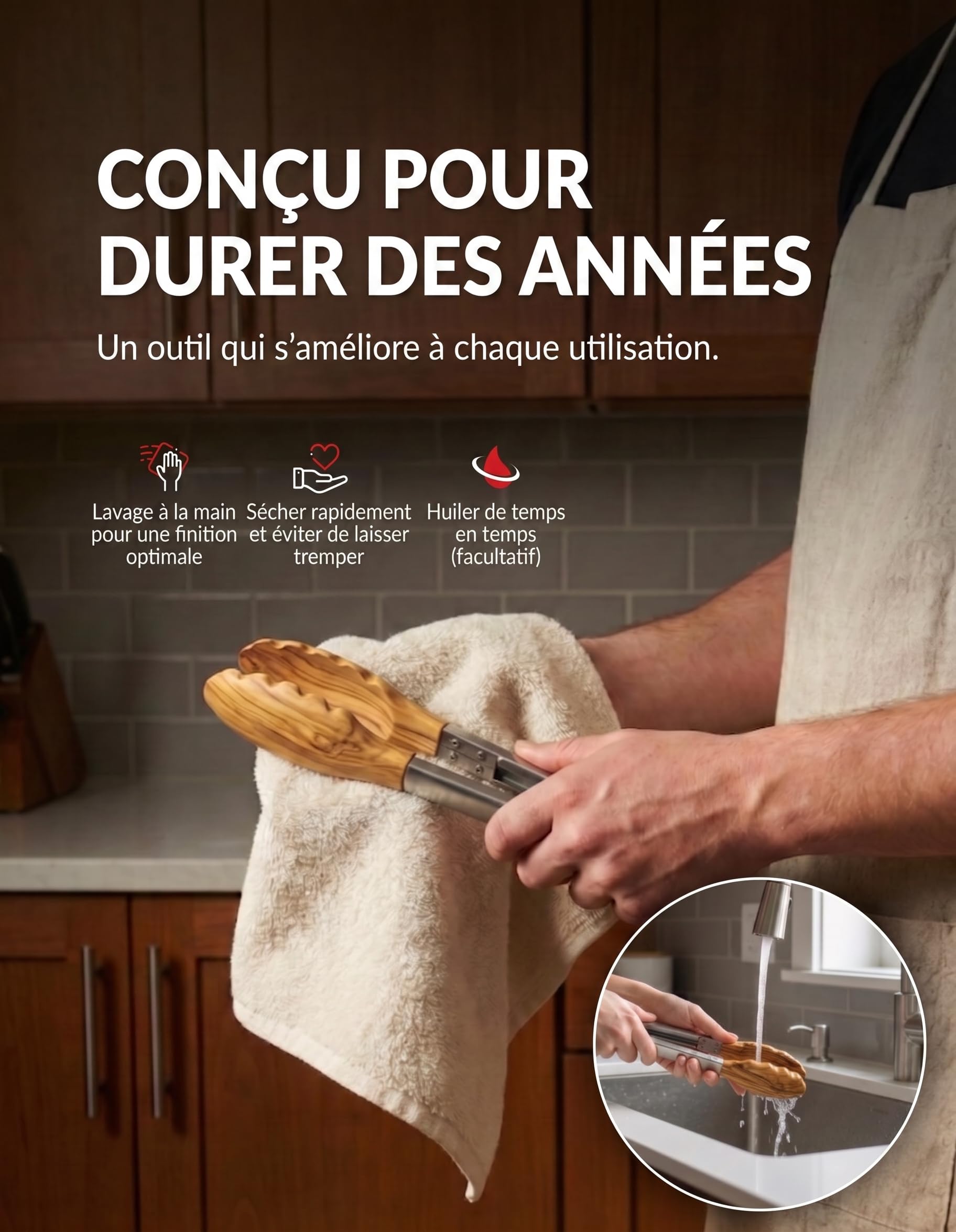 Boxiki Kitchen Pinces de Cuisine avec Embouts en Bois d'Olivier - Pinces Idéales pour BBQ, Salade, Grille-Pain, Pain & Cornichons - Fabriquées en Bois d'Olivier Naturel, Taille 28 cm