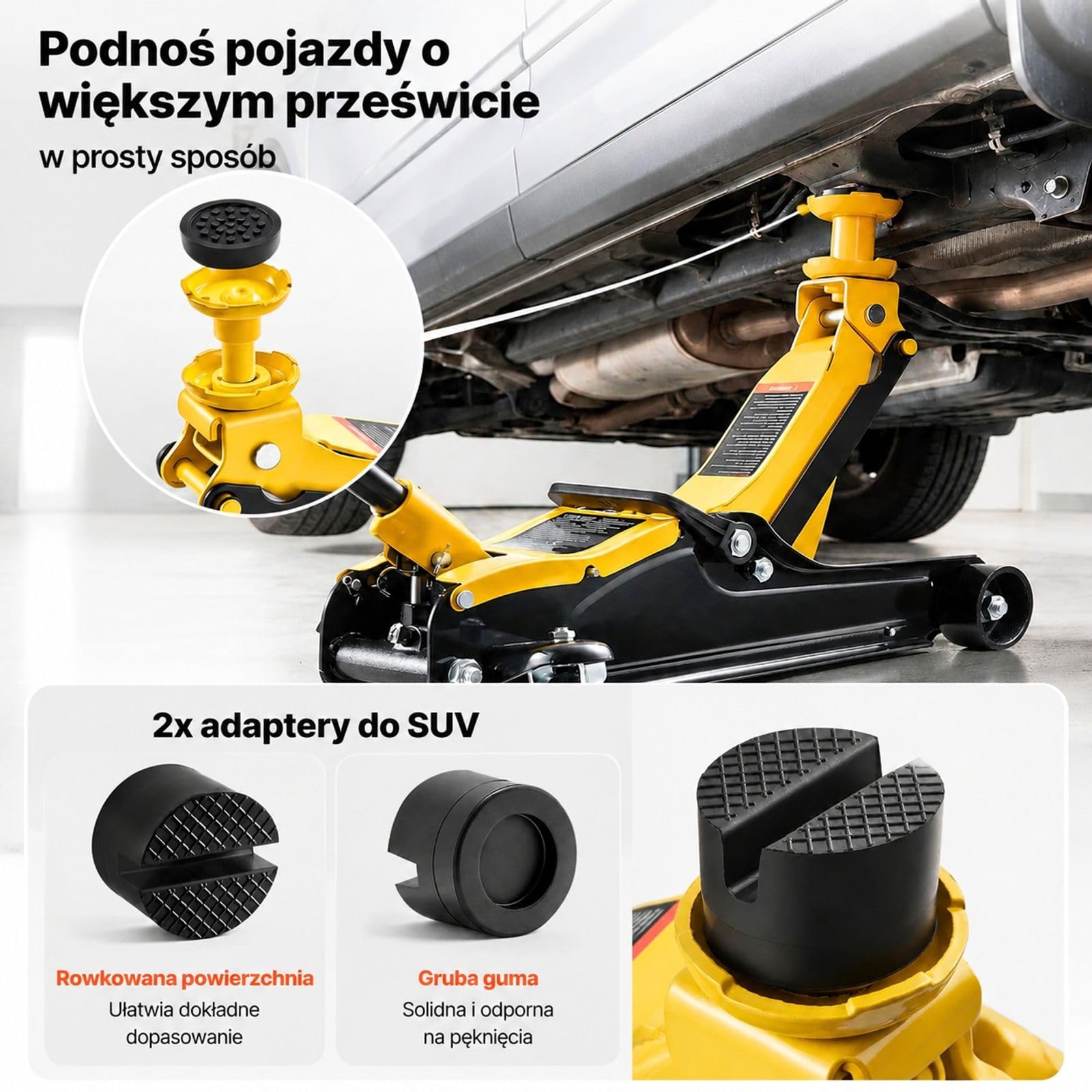 Podnośnik hydrauliczny 2,5 t, niskoprofilowy stalowy z pompą jednotłokową, adapterami do SUV-ów, sedanów i aut wyścigowych