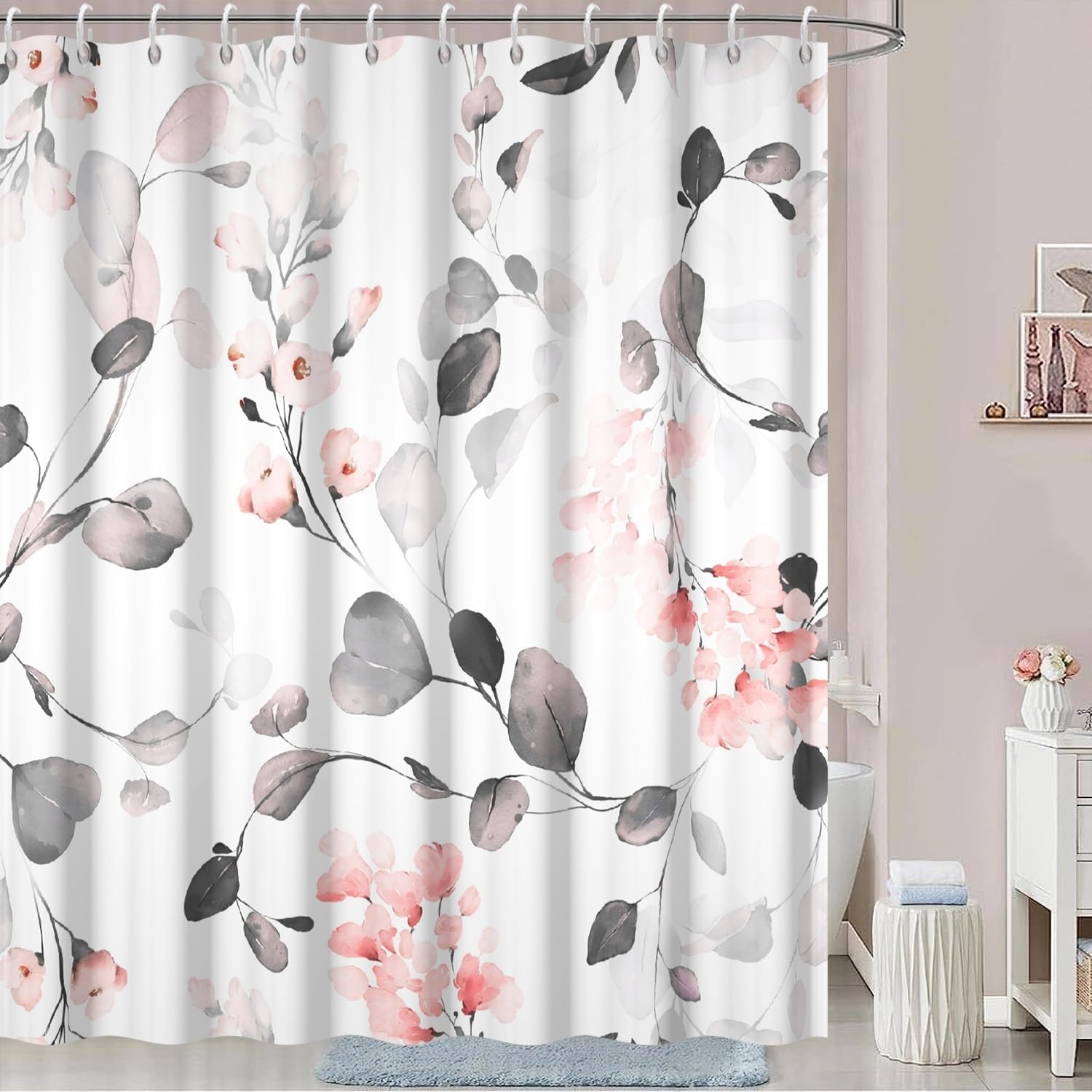 GLKSDLPO Watercolor Floral Shower Curtain, Gray and Pink Eucalyptus Print with Hooks, Floral Botanical Plants Leaves Bathroom Decor(110x200cm/43x79in(WxH))