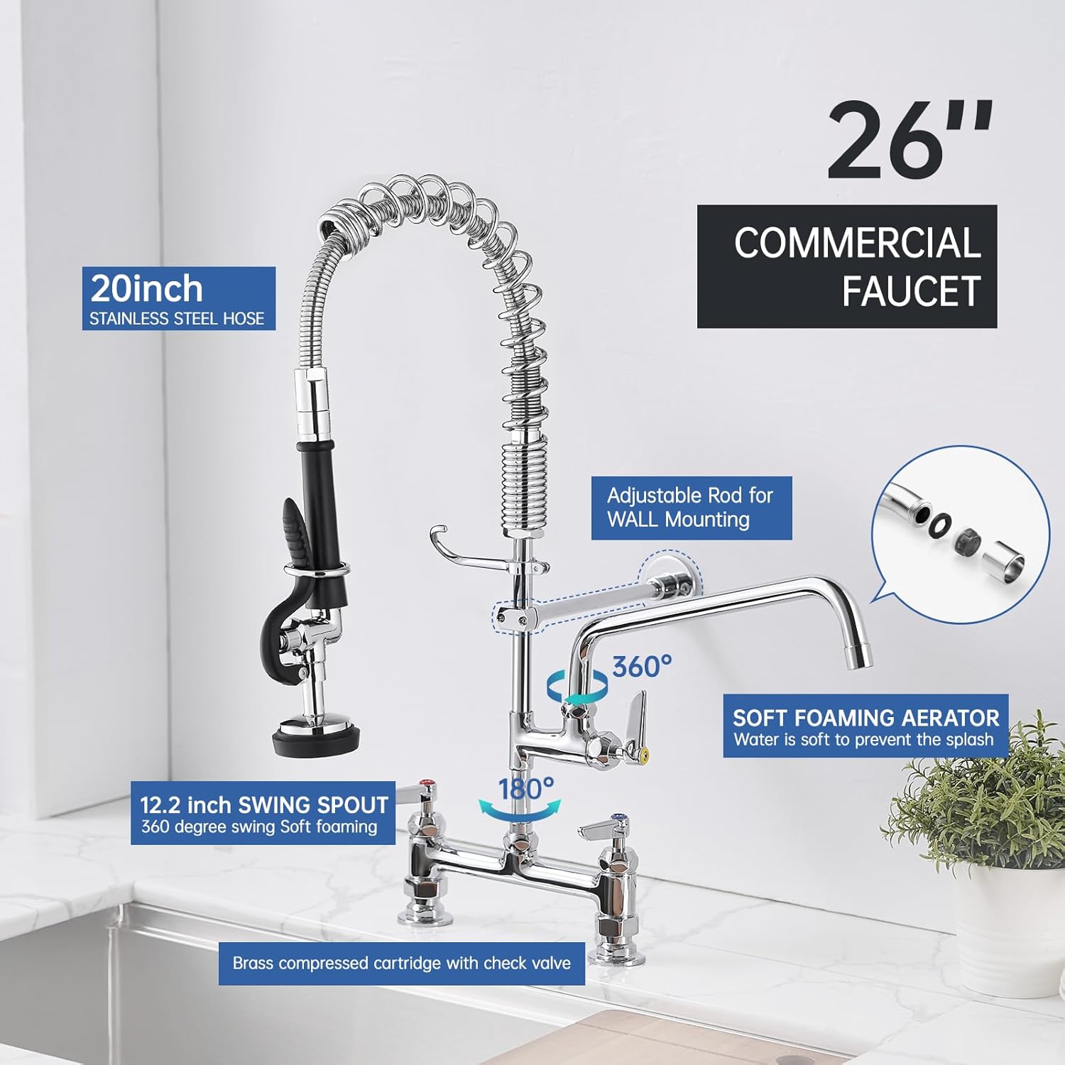 Fapully Commercial Kitchen Faucet,Deck Mount Kitchen Sink Faucet with Pre-Rinse Pull Down Sprayer,26‘’ Height 8'' Center 3 Compartment Sink Faucets with 12.2'' Swing Spout Chrome