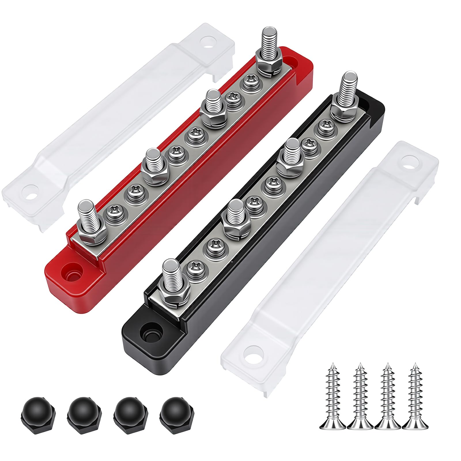 2 PCS 150A 12V - 48V Bus Bar, 4 x 1/4" (M6) 6 x #8 (M4) Studs Power Distribution Terminal Block 48V DC Car Boat Marine Solar System for Cars RVs Ships Yachts - Negative+Positive (Red & Black)