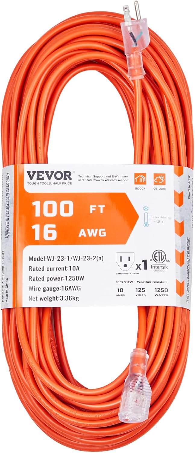 VEVOR 100FT Indoor Outdoor Extension Cord, 16AWG 10Amps 1250W, 3 Prongs Appliance Electric Cord with Lighted End, Flexible & -40°C Cold-Resistant for Office Home Use, ETL Listed