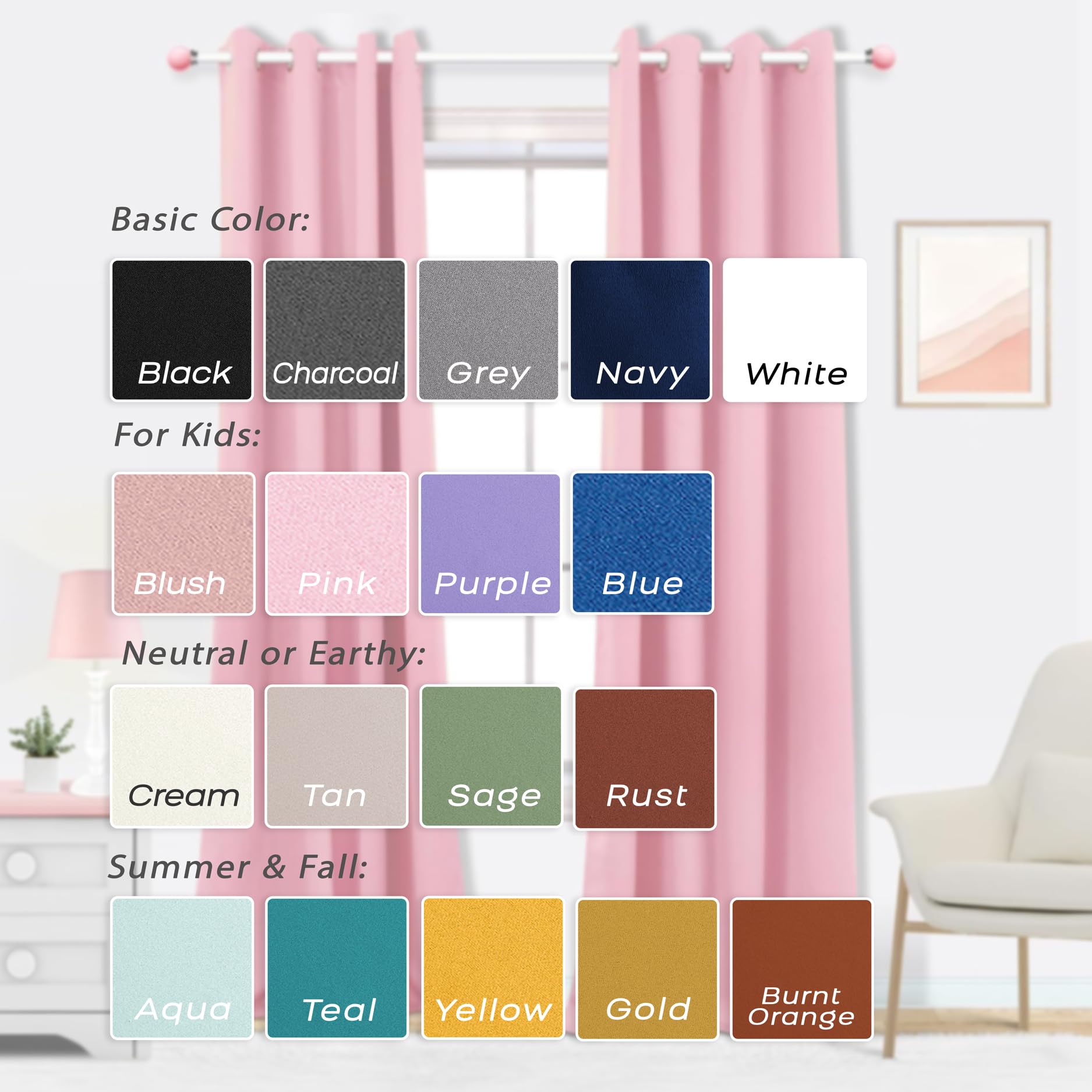 Mrs.Naturall Baby Pink Blackout Curtains for Nursery Bedroom,Thermal Insulated Block Heat Light Blocking Room Darkening Window Curtain for Girls Bedroom Kids,63 Inch Length 2 Panels - Image 2