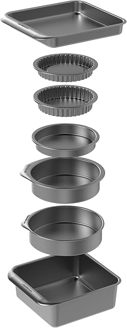 MasterClass Smart Space 7 Piece Non Stick Stackable Bakeware Set with 1 x Roasting Tin, 2 x Round Cake Tins, 1 x Sandwich Pan, 2 x Flan/Quiche Dishes and 1 x Brownie Tray in Gift Box