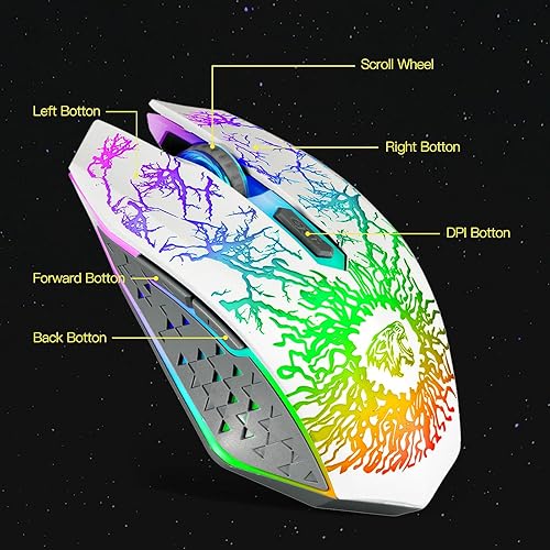 Miniatura 5 de VEGCOO Mouse inalámbrico para juegos, mouse recargable para juegos, ratones ópticos silenciosos con receptor USB de 2.4 G, 3 niveles DPI, 6 botones,