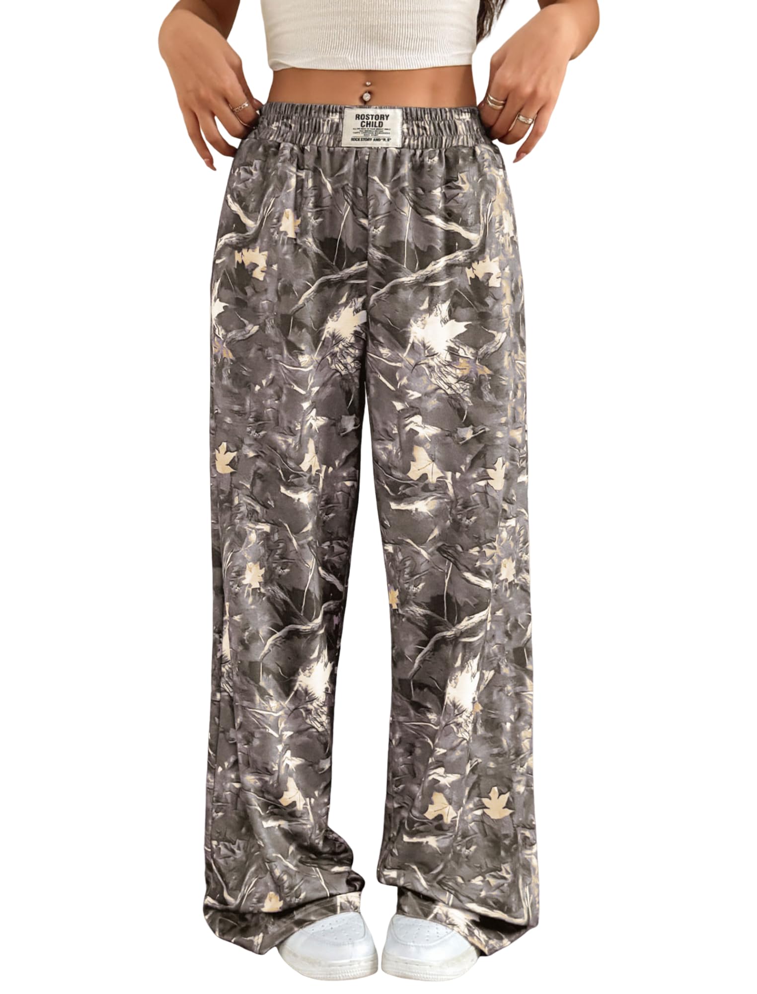 ZAFUL Womens Camo Sweatpants Y2K Elastic High Waisted Wide Leg Casual Straight Cargo Pants Joggers with Patch Detail