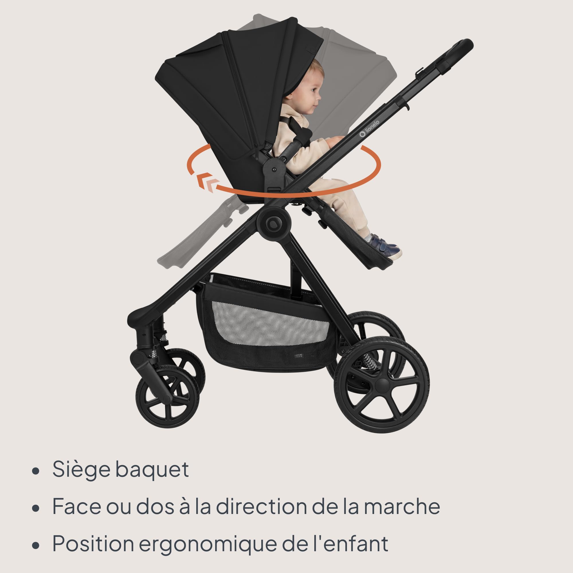 Lionelo Greet Poussette 3 en 1 (0-4 ans, 0-22 kg), Système de Voyage avec Siège Auto, Grande Nacelle, Assise Réversible, Châssis Léger, Suspension, Position Allongée, Capote UPF50+, Ventilation