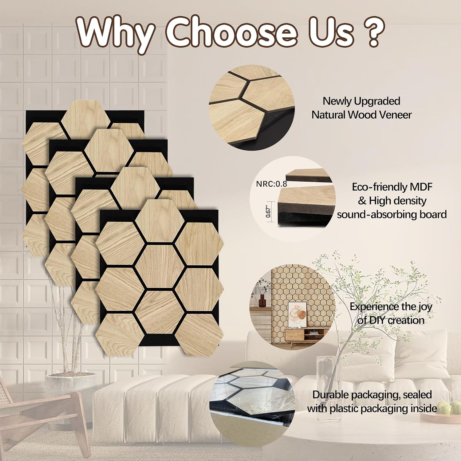 ARMURO Hexagon Wall Panels - 4 PCS Wood Panels for Wall - Natural Oak Wood Veneer Hexagon Sound Panels - Sound Absorbing Panels for Walls and Ceiling (23.8" W x 29" L)