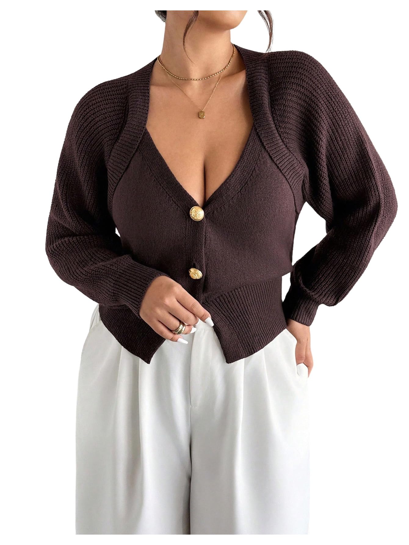 GORGLITTER Womens Plus Size Cropped Cardigan Cinched Waist Sweater Long Sleeve V Neck Button Up Knit Sweater Dressy